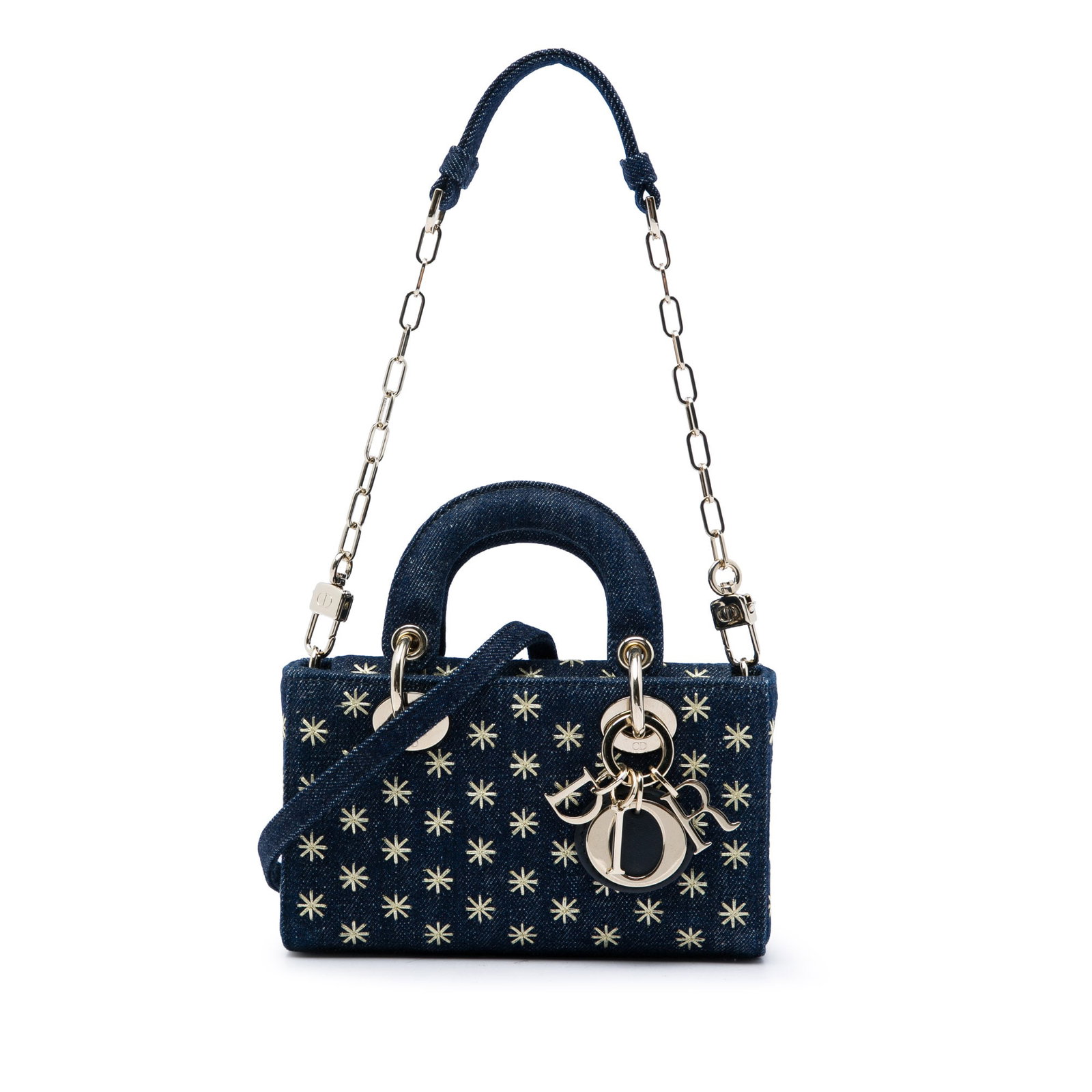 Dior Lady D Joy Micro Blue Embroidered Denim Bag: Dior Lady D Joy Micro Blue Embroidered Denim Bag A compact Dior Lady D-Joy bag crafted in blue embroidered denim with a micro silhouette. It features flat top handles, an adjustable and detachable fla