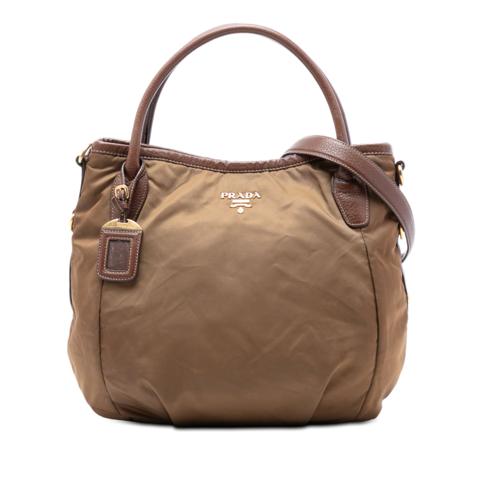 Prada Tessuto Nylon Satchel with Vitello Daino Leather Trim Brown: Prada Tessuto Nylon Satchel with Vitello Daino Leather Trim Brown This Prada Vitello Daino Trimmed Tessuto Satchel features a brown nylon body with leather trim, complemented by rolled leather handles
