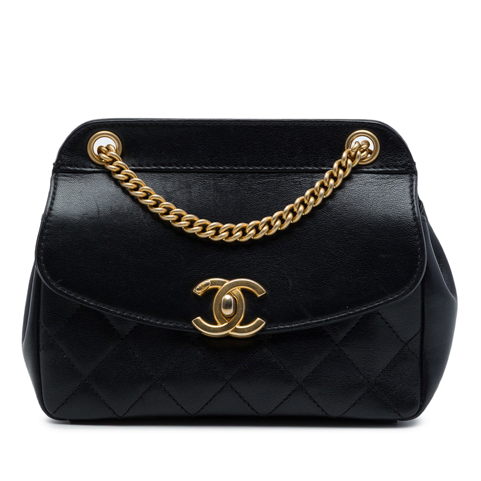 Chanel Curved Flap Small Shoulder Bag Quilted Black Lambskin: Chanel Curved Flap Small Shoulder Bag Quilted Black Lambskin A Chanel Small Quilted Lambskin Curved Flap shoulder bag in black lambskin leather. It features a quilted body, a gold-tone curb chain with