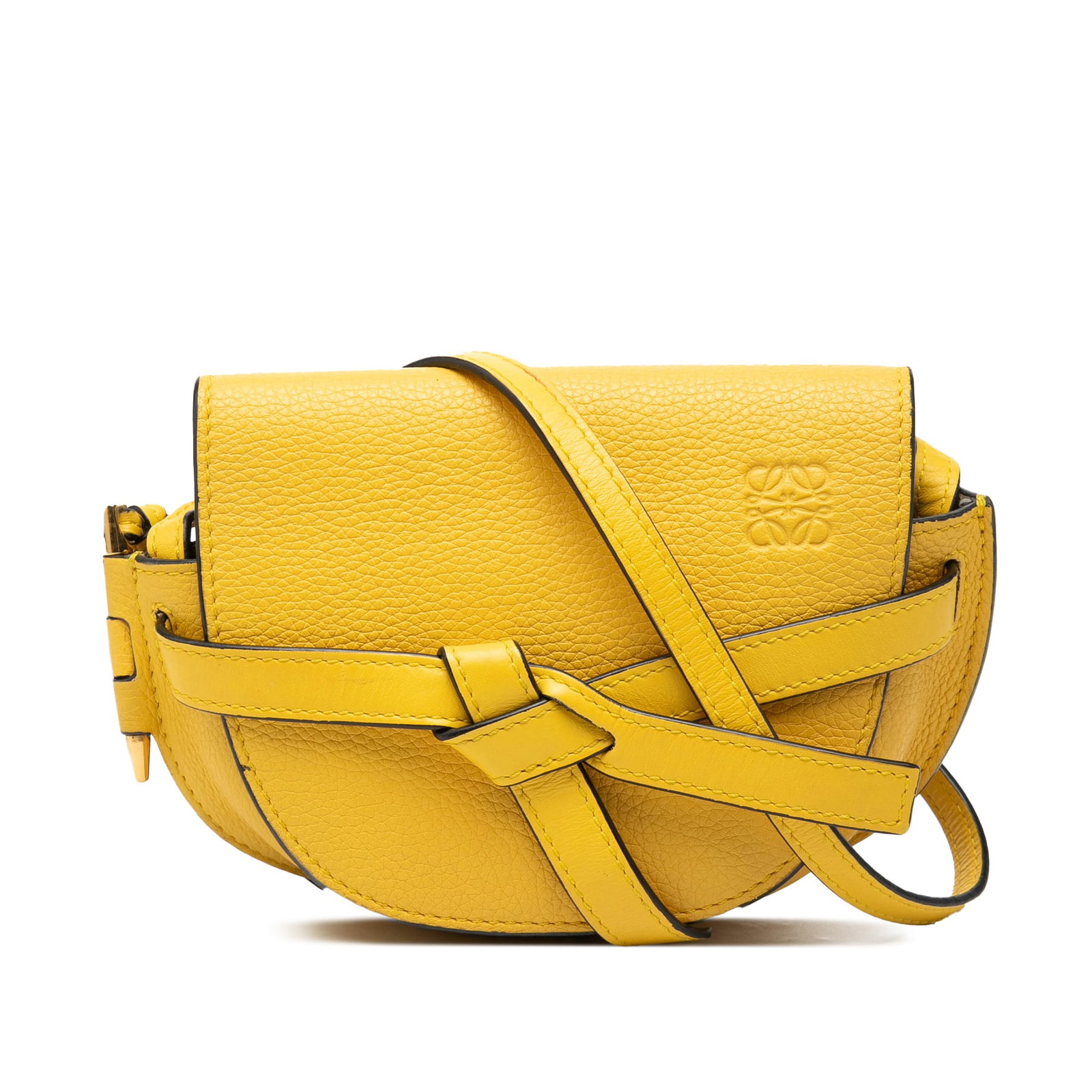 LOEWE Gate Mini Crossbody Bag Yellow Leather: LOEWE Gate Mini Crossbody Bag Yellow Leather LOEWE mini Gate crossbody bag crafted in yellow leather with a flat leather strap, slip-through flap closure, and interior slip pockets. Made in Spain. Con