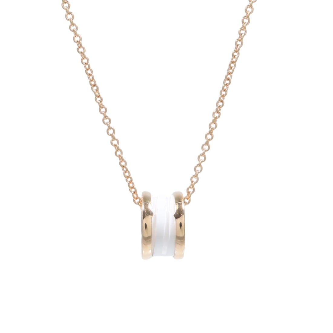 BVLGARI B-zero1 White Ceramic Necklace in 18K Pink Gold: BVLGARI B-zero1 White Ceramic Necklace in 18K Pink Gold BVLGARI B-zero1 necklace crafted in 18K pink gold and white ceramic. This unisex design features the signature B-zero1 motif and is made in Ital
