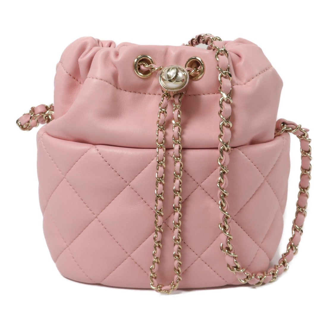 CHANEL CC Bucket Shoulder Bag Pink Lambskin Chain Strap: CHANEL CC Bucket Shoulder Bag Pink Lambskin Chain Strap Chanel CC drawstring bucket shoulder bag in pink lambskin leather with chain shoulder strap and an open interior pocket. A compact shoulder bag 
