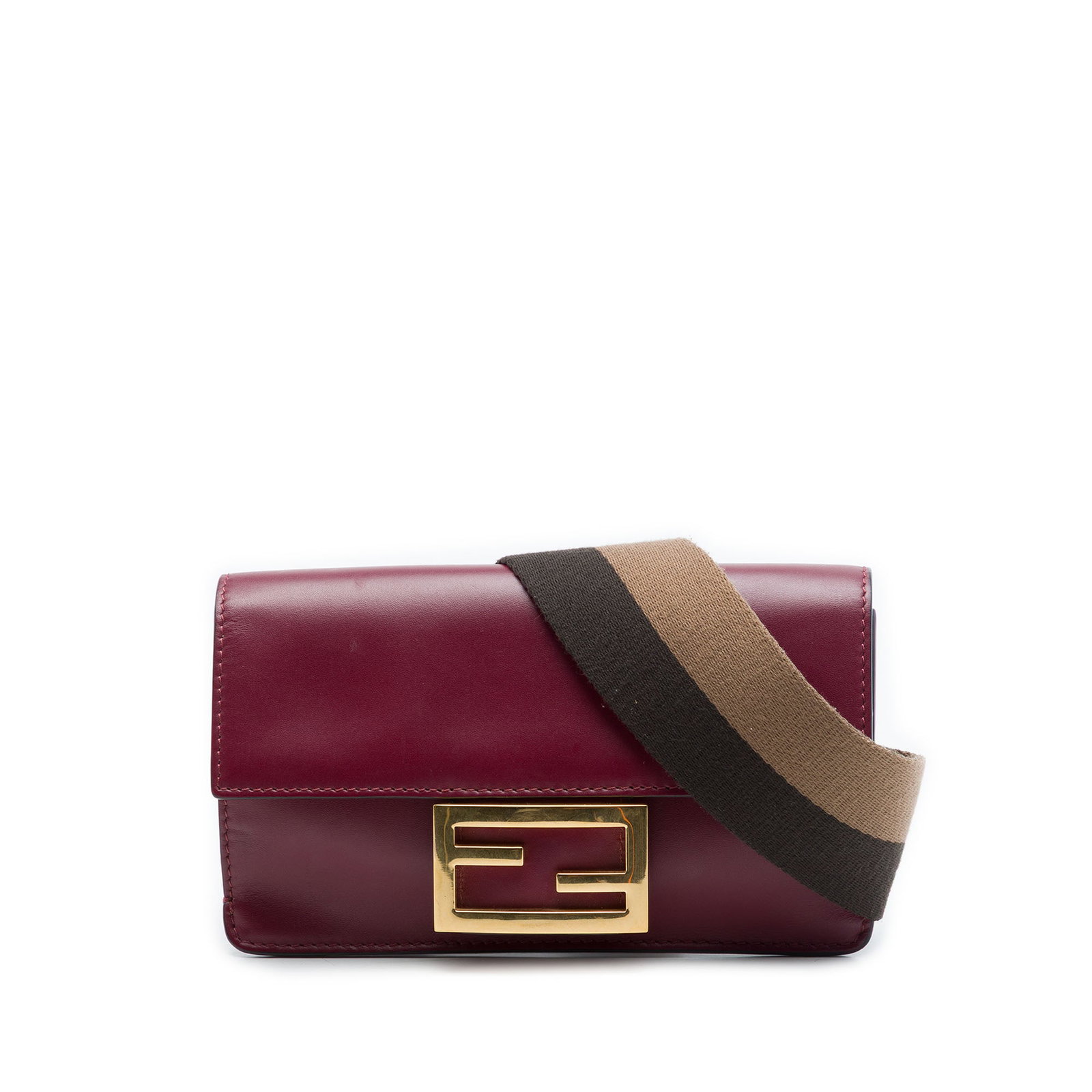 Fendi Flat Baguette Mini Leather Crossbody Bag Red: Fendi Flat Baguette Mini Leather Crossbody Bag Red A compact Fendi Mini Leather Flat Baguette Crossbody in red leather with a flat canvas shoulder strap, front flap with magnetic snap closure, and int