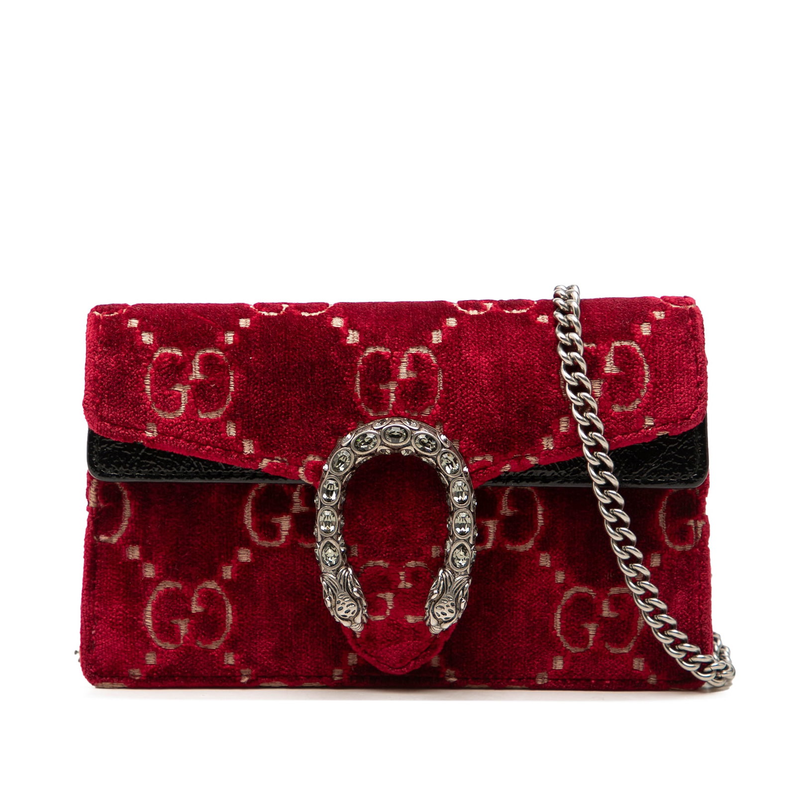 Gucci Dionysus Mini GG Velvet Crossbody Bag Red: Gucci Dionysus Mini GG Velvet Crossbody Bag Red Gucci Dionysus mini crossbody bag in red GG velvet with leather trim and a flap front with snap closure. The design includes a curb chain link strap and