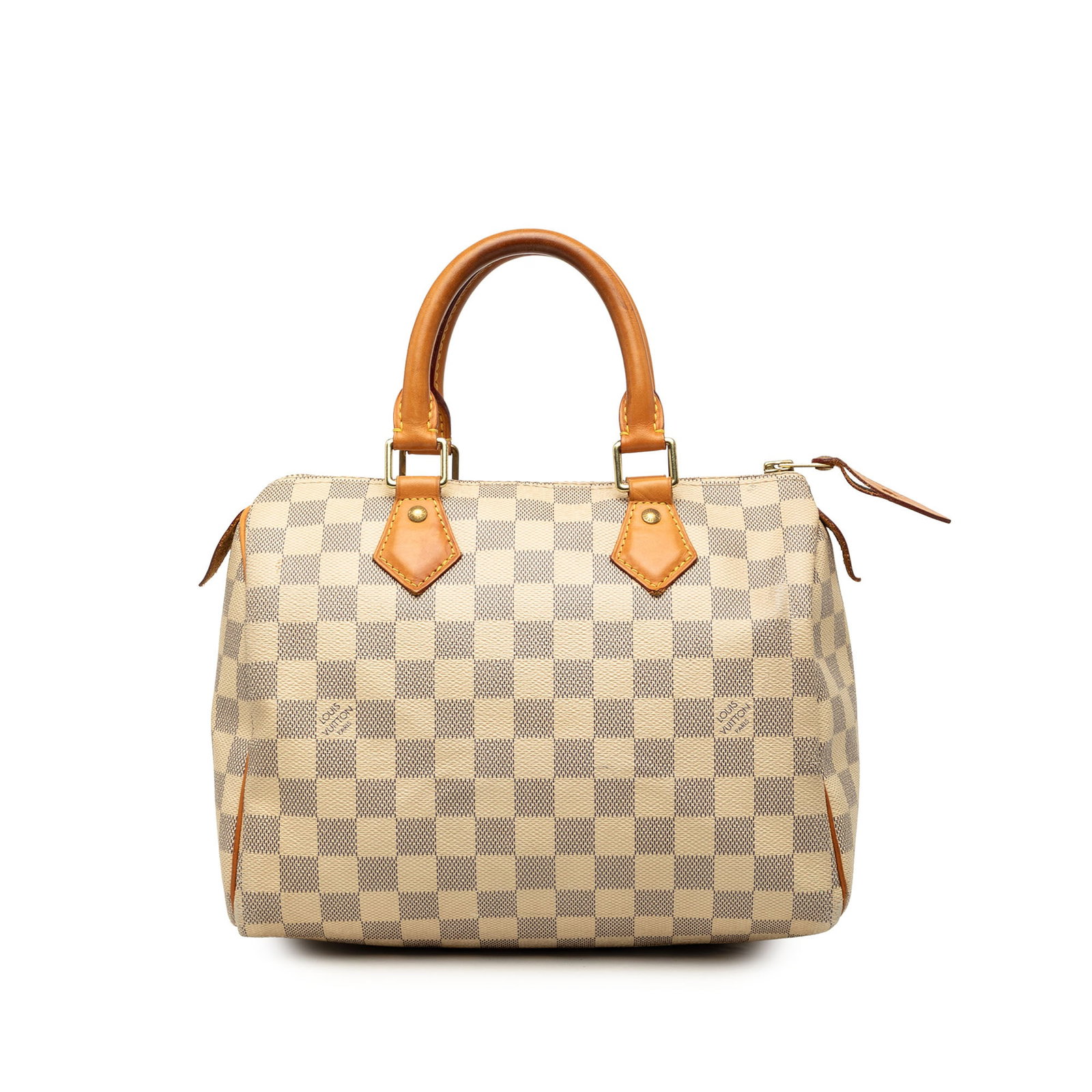 Louis Vuitton Speedy 25 Damier Azur handbag: Louis Vuitton Speedy 25 Damier Azur handbag Louis Vuitton Speedy 25 in Damier Azur canvas with vachetta leather trim and rolled handles. This handbag features a top zip closure and an interior slip po