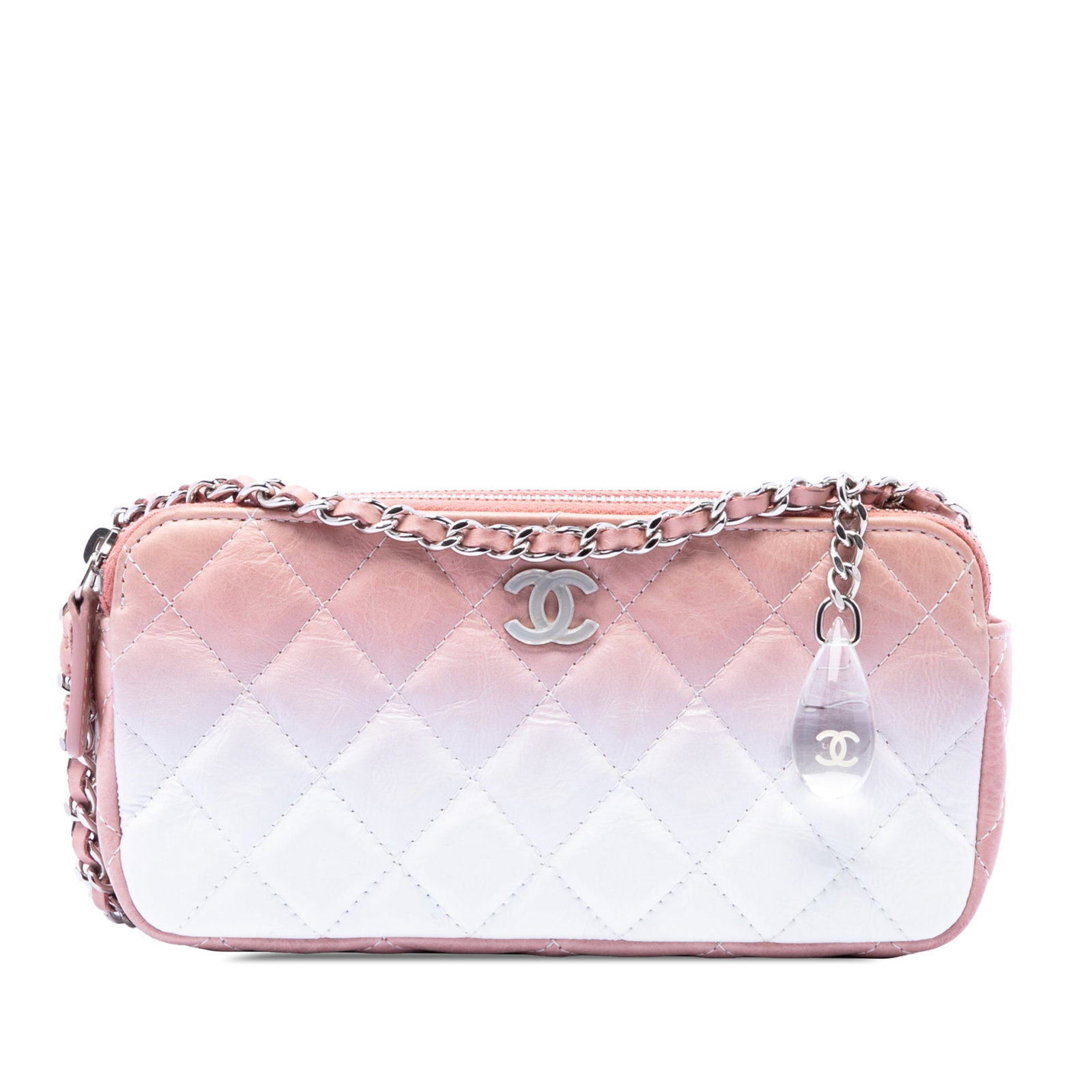 Chanel Double Zip Clutch On Chain Ombre Calfskin Bag: Chanel Double Zip Clutch On Chain Ombre Calfskin Bag A Chanel Double Zip Clutch On Chain crafted in quilted ombre calfskin leather. This bag features a leather-woven chain shoulder strap, dual top zip