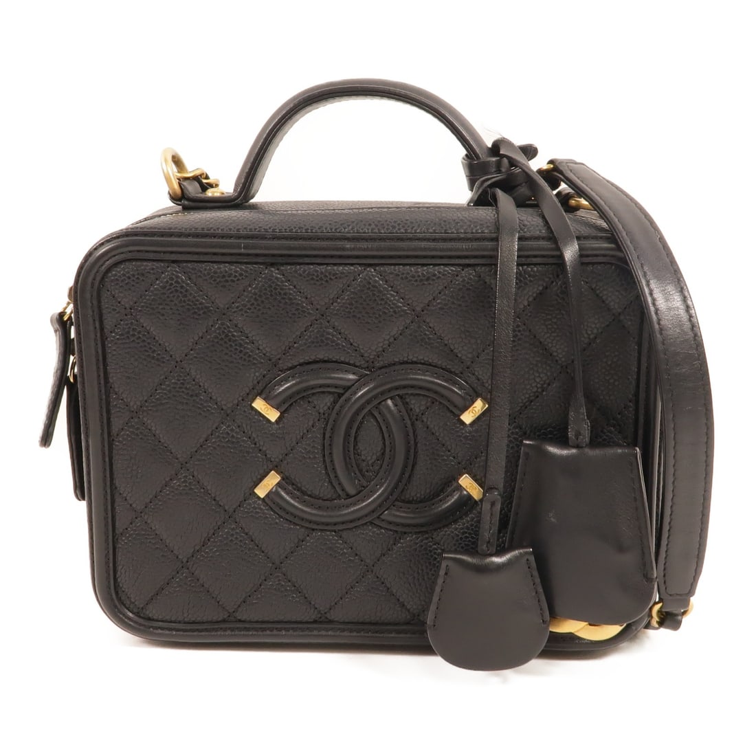 CHANEL Filigree CC Vanity Case 2way Shoulder Bag Black Calfskin: CHANEL Filigree CC Vanity Case 2way Shoulder Bag Black Calfskin CHANEL 2-way shoulder bag in black calfskin (cowhide) leather, presented as a Filigree Vanity Case style. It features a black frame colo
