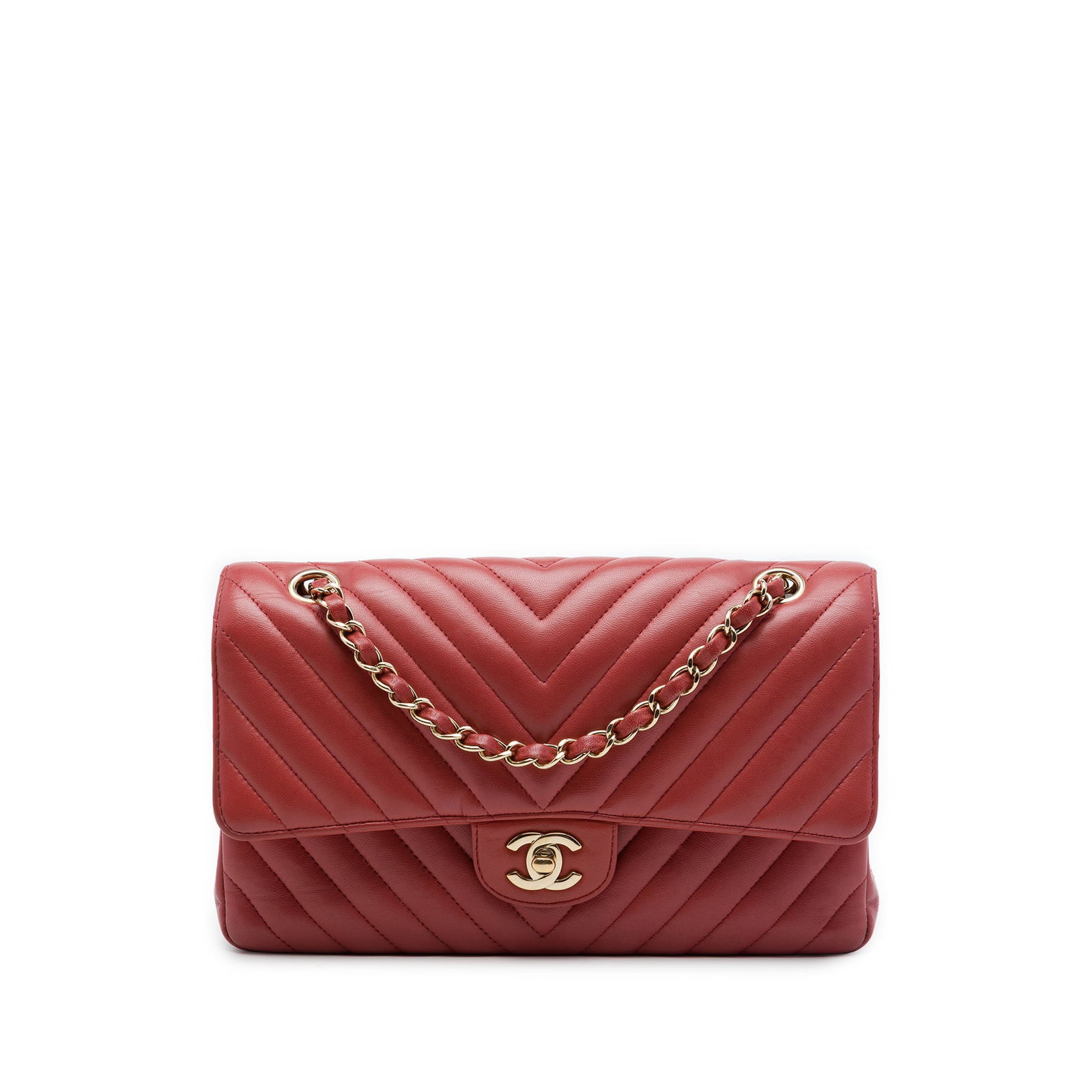 Chanel Medium Classic Chevron Double Flap Red Lambskin Bag: Chanel Medium Classic Chevron Double Flap Red Lambskin Bag A Chanel Medium Classic Chevron Lambskin Double Flap bag in red lambskin leather. This design features a chevron-quilted body, leather-woven 