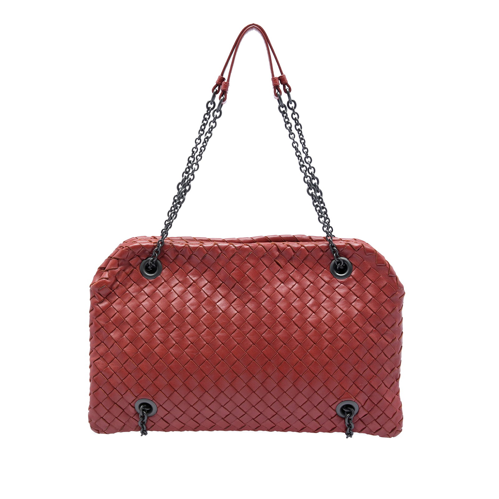 Bottega Veneta Duo Shoulder Bag in Red Intrecciato Nappa Leather: Bottega Veneta Duo Shoulder Bag in Red Intrecciato Nappa Leather Bottega Veneta Duo shoulder bag crafted in red woven nappa leather with chain link straps and leather guards. The bag features an open 