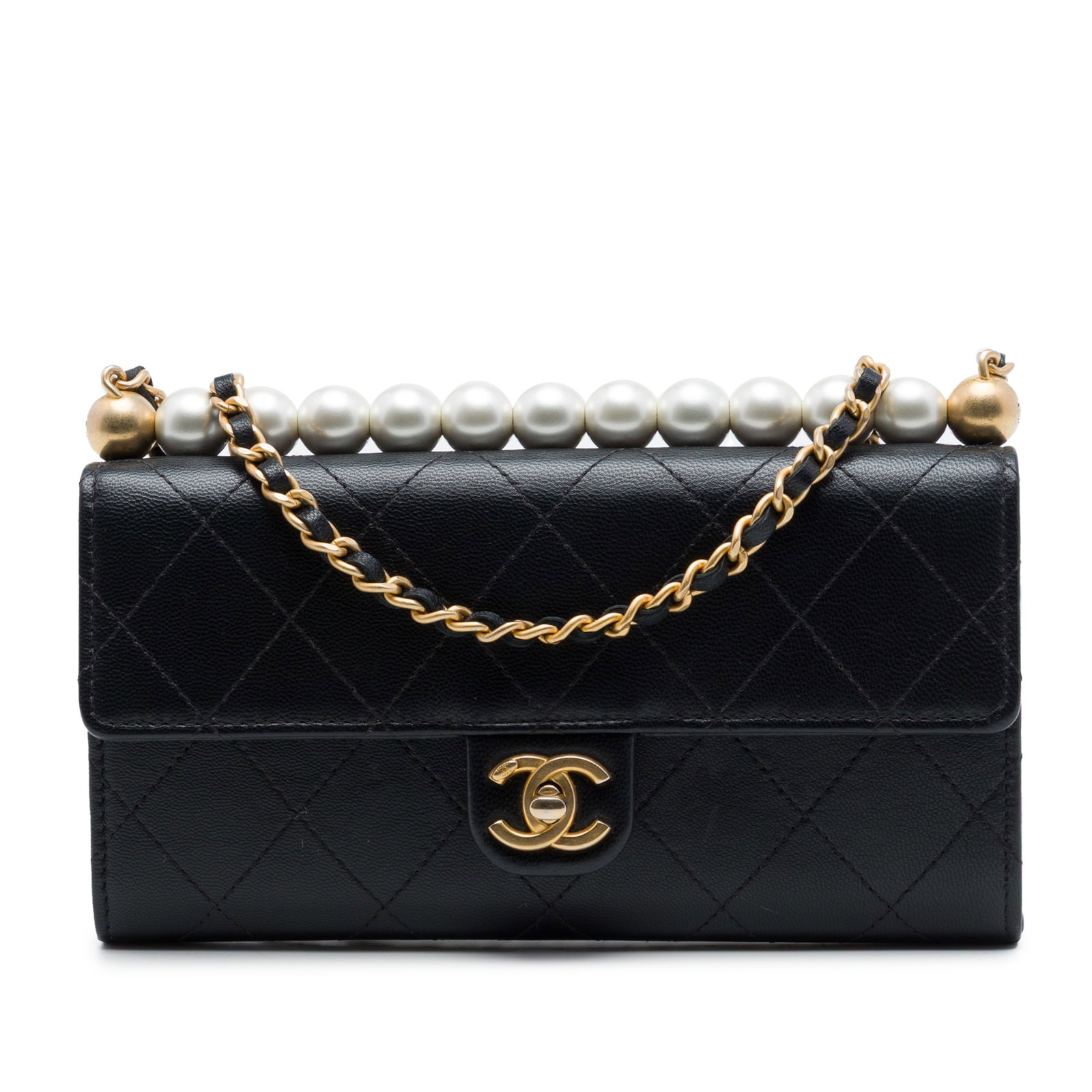 Chanel Chic Pearls Quilted Goatskin Chain Clutch Bag: Chanel Chic Pearls Quilted Goatskin Chain Clutch Bag Black Chanel crossbody clutch crafted in quilted goatskin leather with faux pearl detailing. The bag features a leather-woven chain strap, a front 