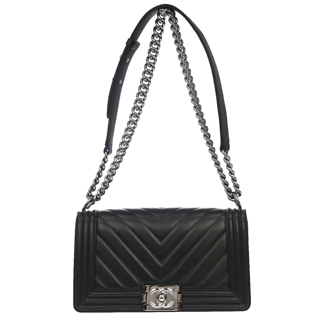 CHANEL Boy Medium Shoulder Bag Black Lambskin Chain Strap: CHANEL Boy Medium Shoulder Bag Black Lambskin Chain Strap Vintage Chanel Boy Medium shoulder bag in black lambskin with chevron quilting and silver-tone hardware. This women's shoulder bag features a 