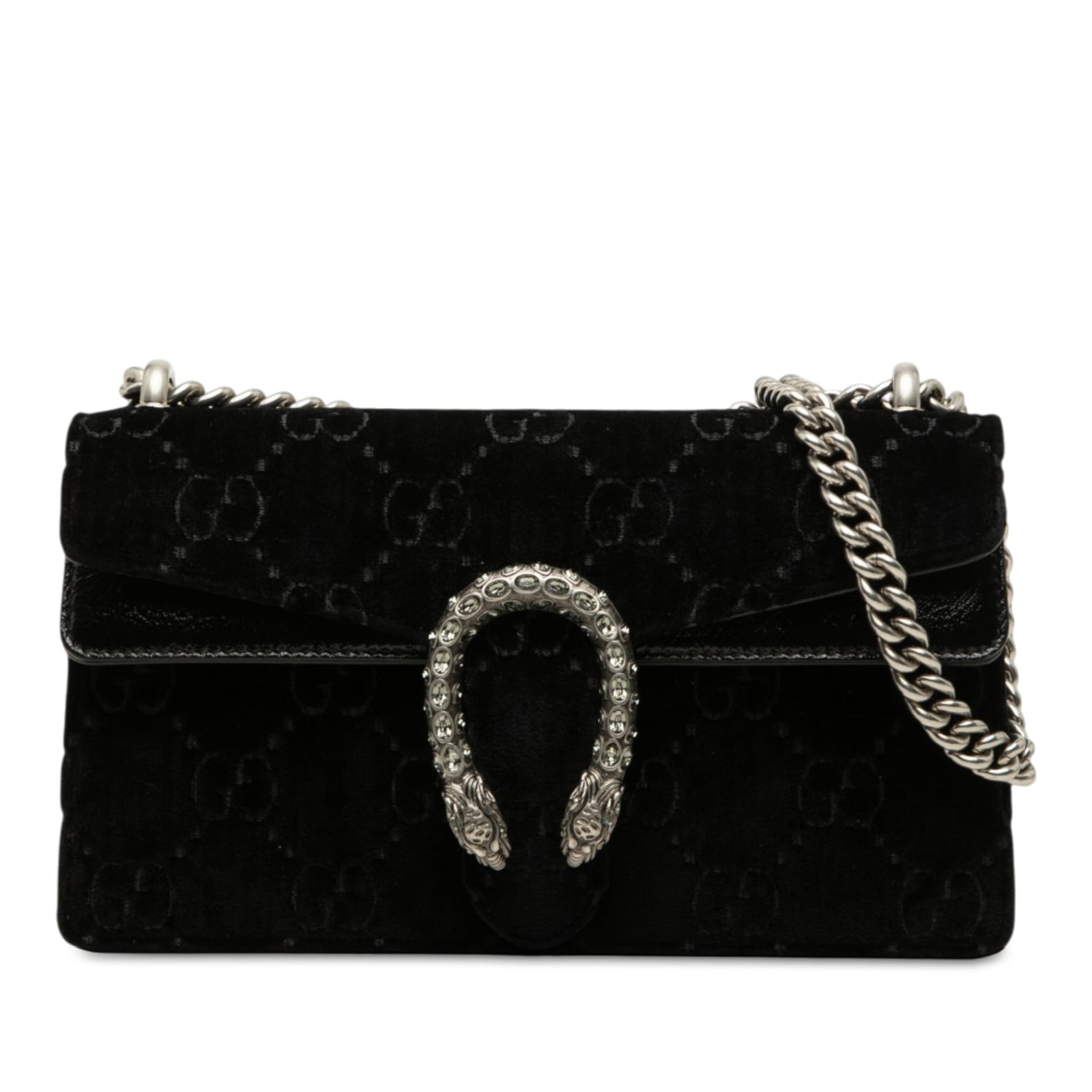 Gucci Dionysus Medium GG Velvet Crossbody Bag Black: Gucci Dionysus Medium GG Velvet Crossbody Bag Black A Gucci Medium GG Velvet Dionysus crossbody bag crafted with a velvet body and leather trim. It features silver-tone chain straps and a front flap w