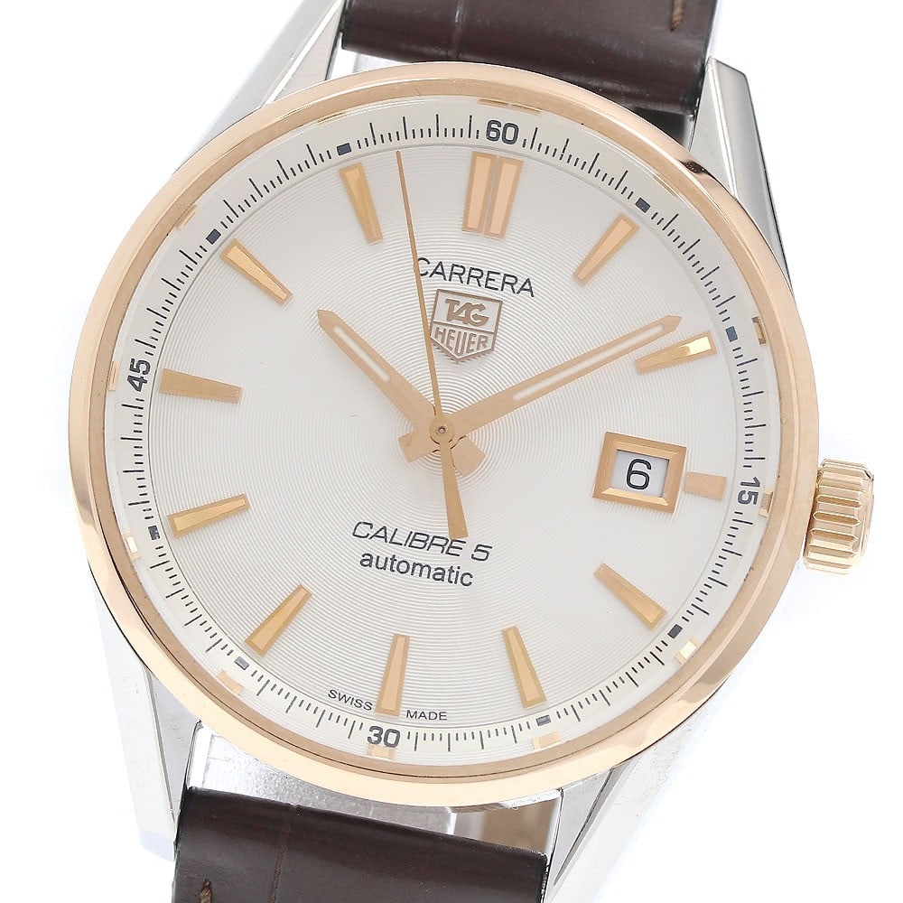 TAG Heuer Carrera Calibre 5 Automatic Date Watch Ref WAR215D.FC6181: TAG Heuer Carrera Calibre 5 Automatic Date Watch Ref WAR215D.FC6181 TAG Heuer Carrera Calibre 5 date automatic men's wristwatch with a silver dial and leather strap. This watch features an automatic m