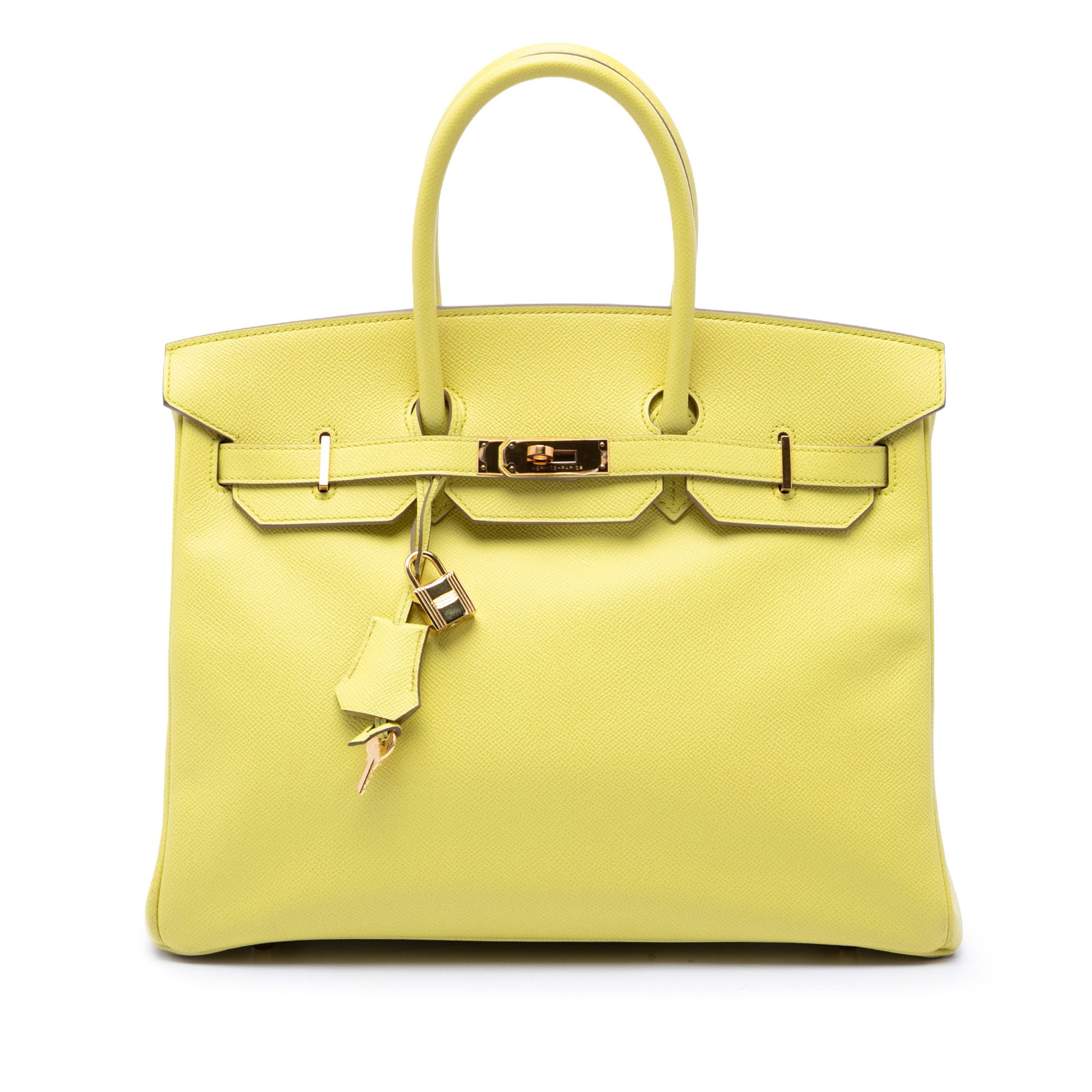 Hermes Birkin Retourne 35 Epsom Leather Handbag: Hermes Birkin Retourne 35 Epsom Leather Handbag Hermes Birkin Retourne 35 in Lime Epsom leather with rolled leather handles, a front flap with strap and twist lock closure, and an interior with zip an