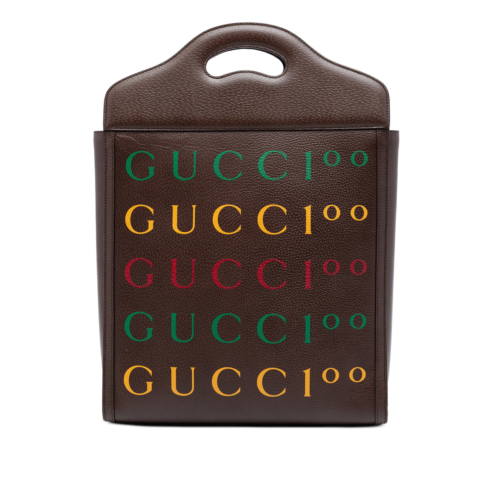 Gucci 100th Anniversary Convertible Tote in Textured Calfskin: Gucci 100th Anniversary Convertible Tote in Textured Calfskin Gucci 100th Anniversary Textured Calfskin Logo Convertible Tote in brown leather. This tote features a printed leather body, cut-out leath