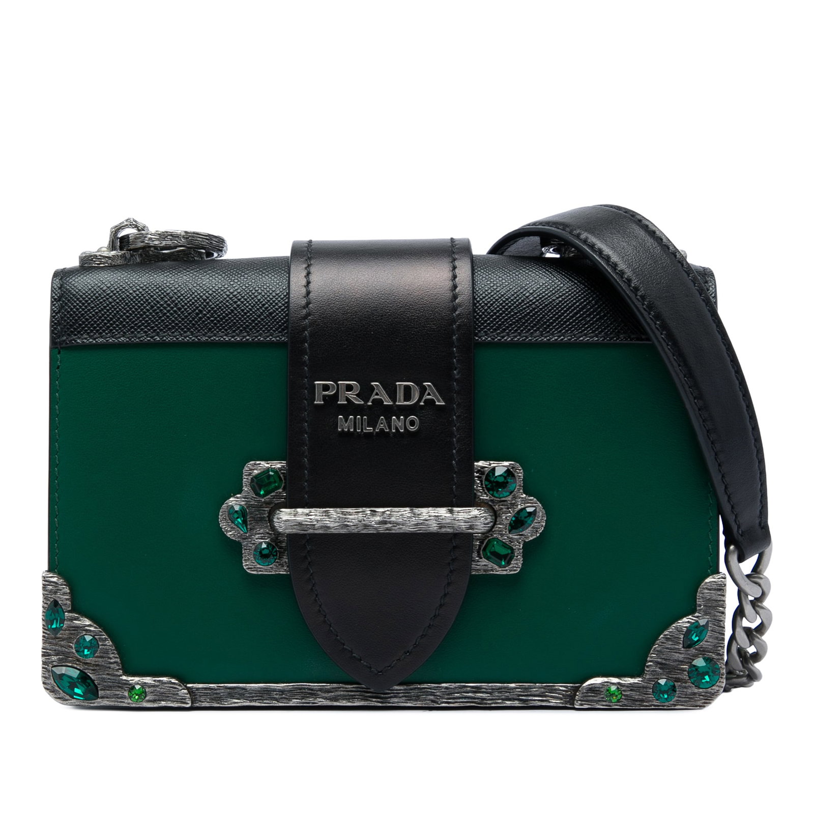 Prada Cahier Crossbody Bag City Calf Leather Crystal Trim: Prada Cahier Crossbody Bag City Calf Leather Crystal Trim Prada Cahier crossbody bag crafted in leather with saffiano leather trim and crystal detailing. This structured design features a curb chain s