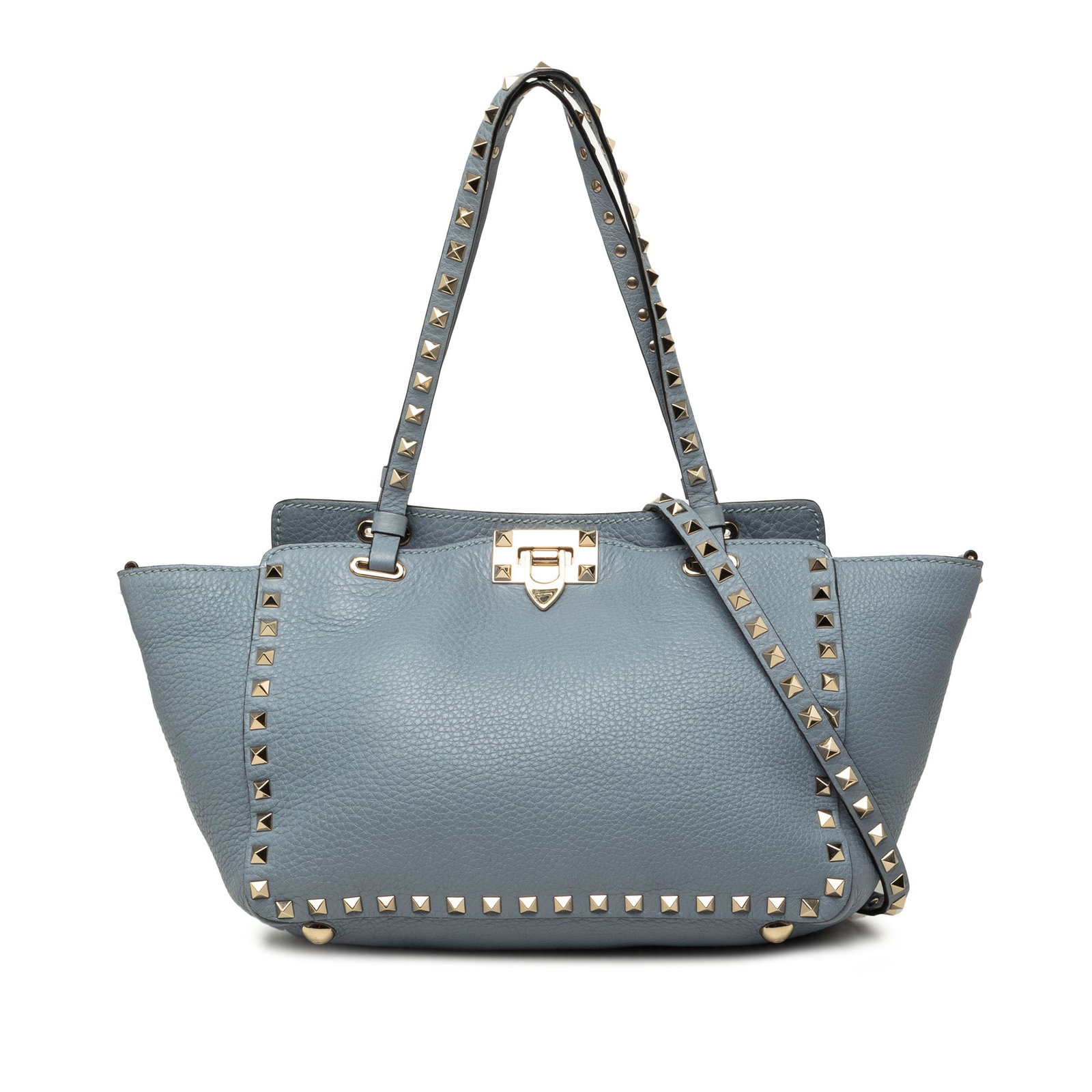 Valentino Rockstud Trapeze Small Blue Leather Satchel Bag: Valentino Rockstud Trapeze Small Blue Leather Satchel Bag A Valentino Small Leather Rockstud Trapeze Satchel in blue leather with signature stud detailing. The bag features flat studded leather handle