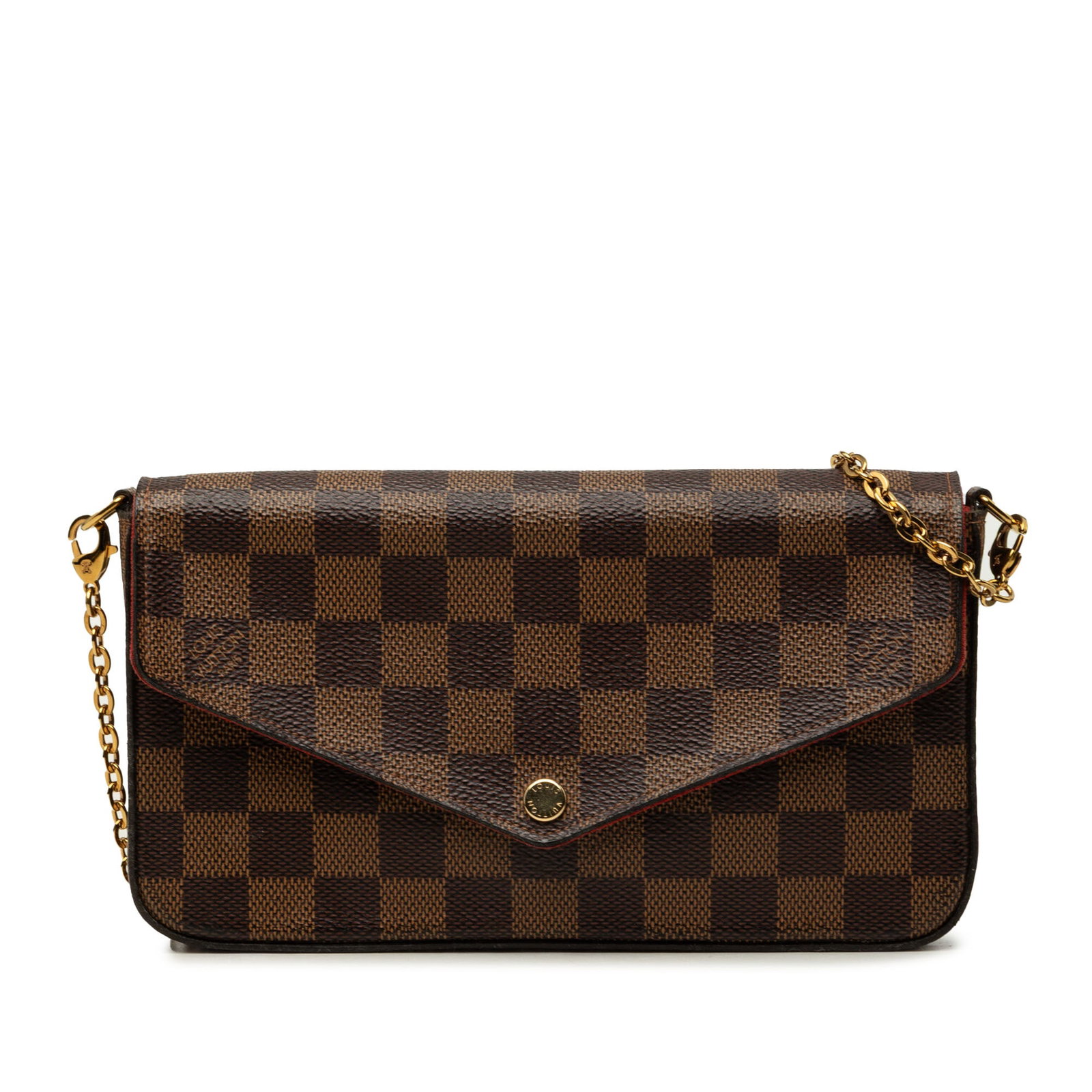 Louis Vuitton Pochette Felicie Damier Ebene crossbody bag: Louis Vuitton Pochette Felicie Damier Ebene crossbody bag Louis Vuitton Pochette Felicie crossbody bag in Damier Ebene canvas with a detachable gold-tone chain strap and a top flap with snap closure. 