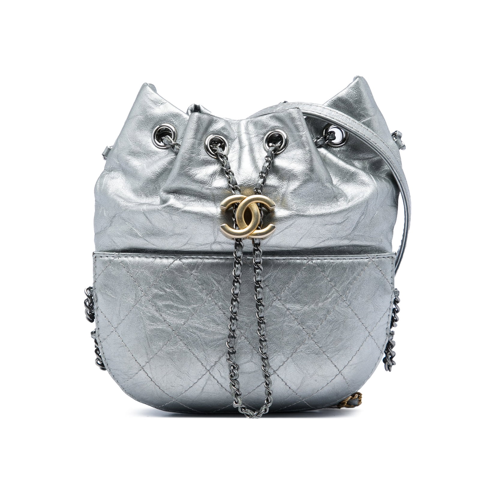 Chanel Gabrielle Small Bucket Bag in Quilted Metallic Aged Calfskin: Chanel Gabrielle Small Bucket Bag in Quilted Metallic Aged Calfskin This Chanel Gabrielle bucket bag is crafted in metallic aged calfskin with a quilted finish and a silver-tone look. It features a le