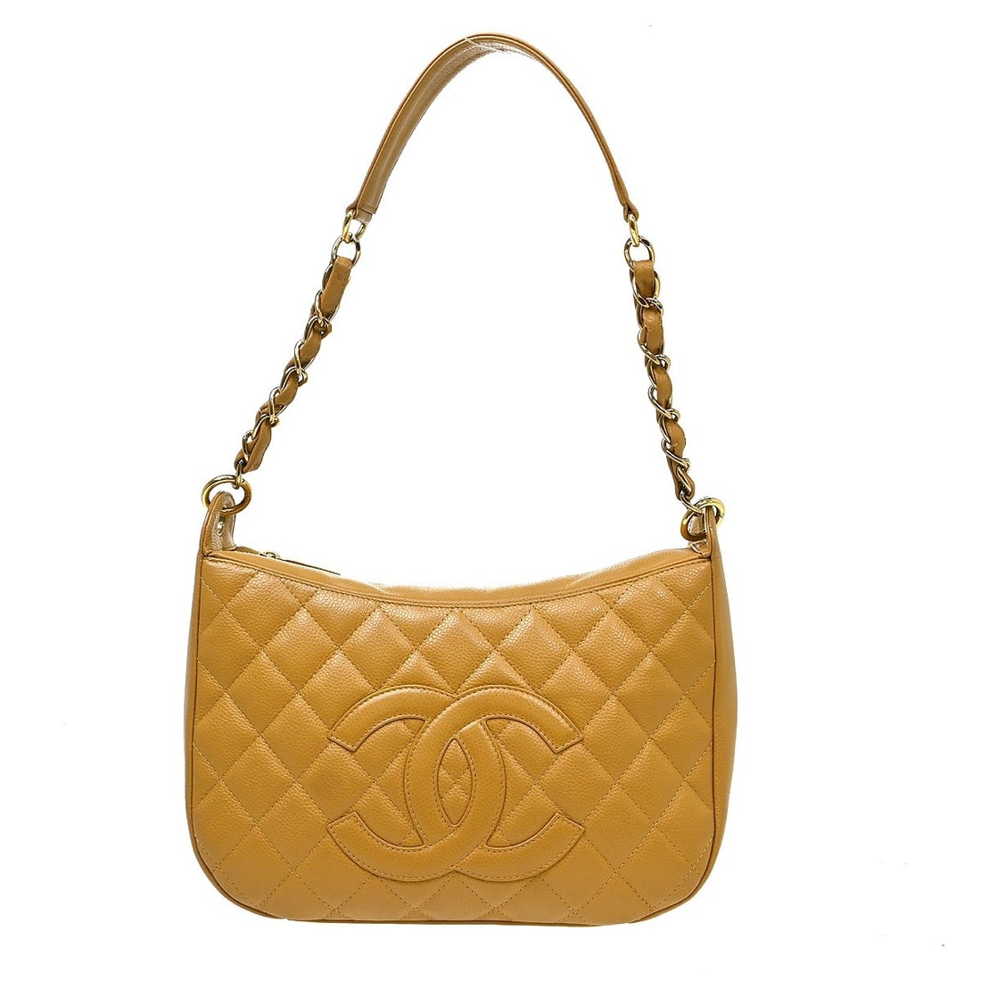 CHANEL Caviar Beige Calfskin Hobo Bag Medium: CHANEL Caviar Beige Calfskin Hobo Bag Medium Chanel beige caviar skin leather hobo handbag with a zip closure, top handle, and logo accent. The bag is lined in canvas and includes one exterior pocket 