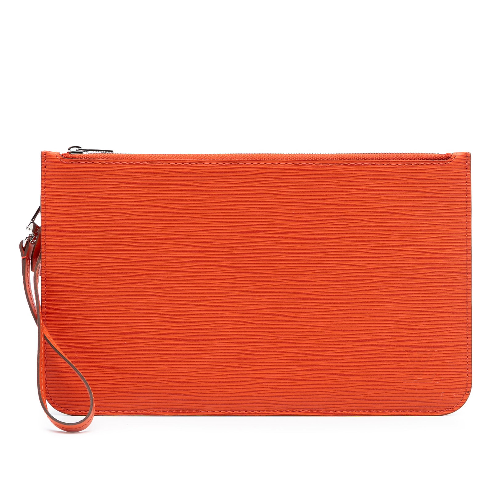 Louis Vuitton Epi Leather Neverfull Wristlet Pouch Orange: Louis Vuitton Epi Leather Neverfull Wristlet Pouch Orange This Louis Vuitton Epi Neverfull Pouch features an epi leather exterior in orange, a detachable flat leather wrist strap, a top zip closure, a