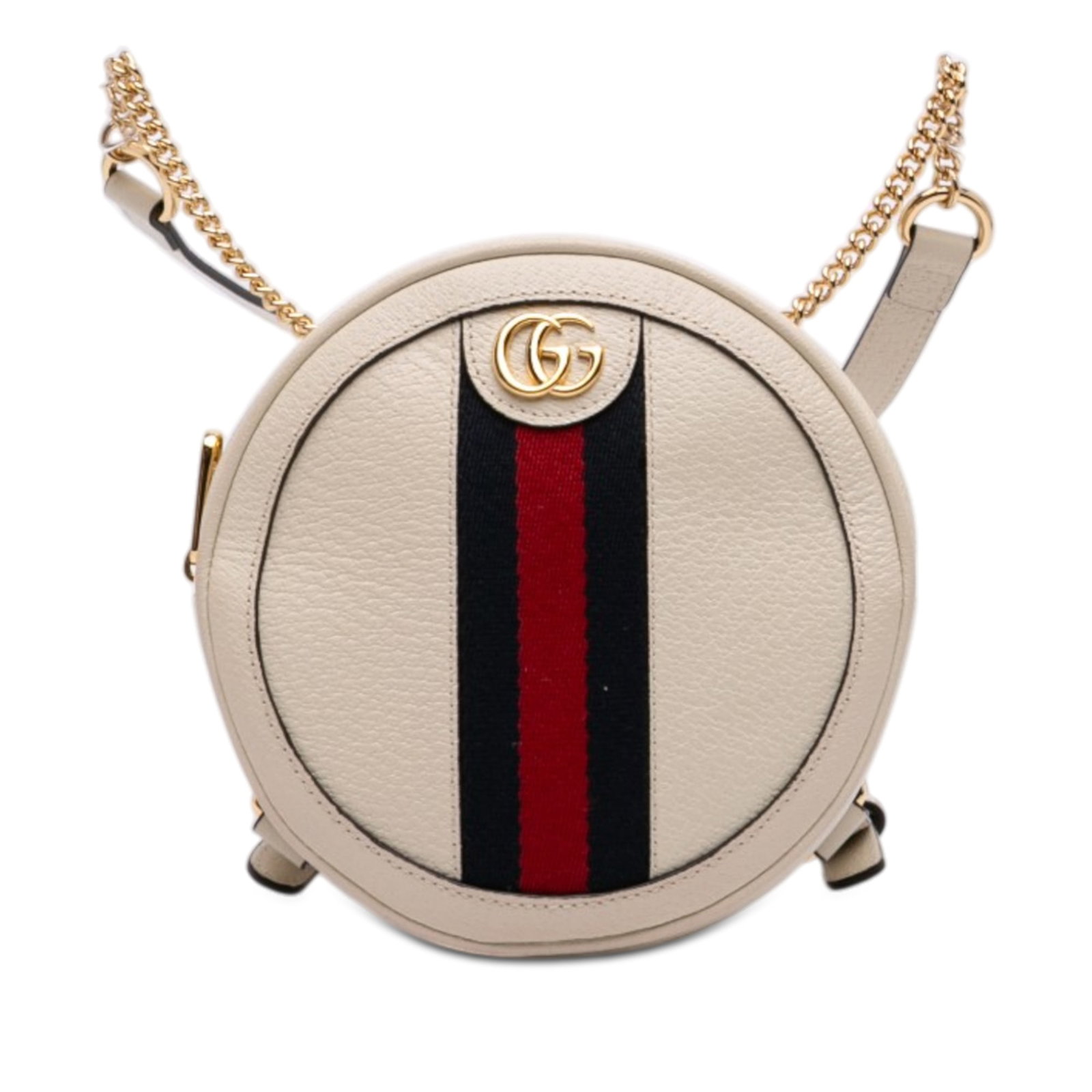Gucci Ophidia Mini Round Leather Backpack White: Gucci Ophidia Mini Round Leather Backpack White Round mini backpack from the Ophidia line with a leather body, canvas web detail, adjustable flat leather and chain-link back straps, a top zip closure,