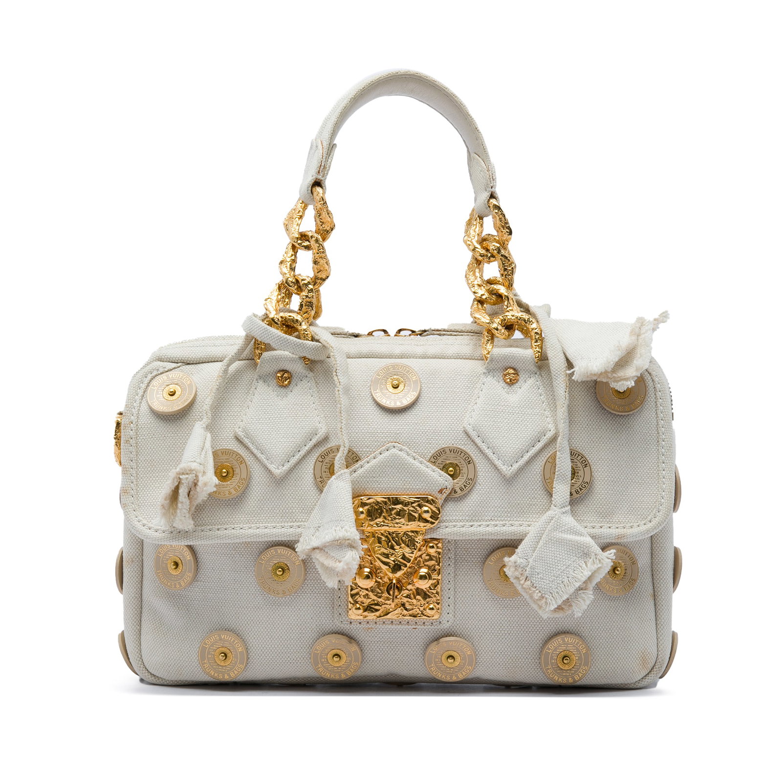 Louis Vuitton Polka Dots Panama Tinkerbell White Canvas Handbag: Louis Vuitton Polka Dots Panama Tinkerbell White Canvas Handbag Louis Vuitton Polka Dots Panama Tinkerbell bag with a canvas body, brass hardware, logo disc embellishments, flat leather handles with g