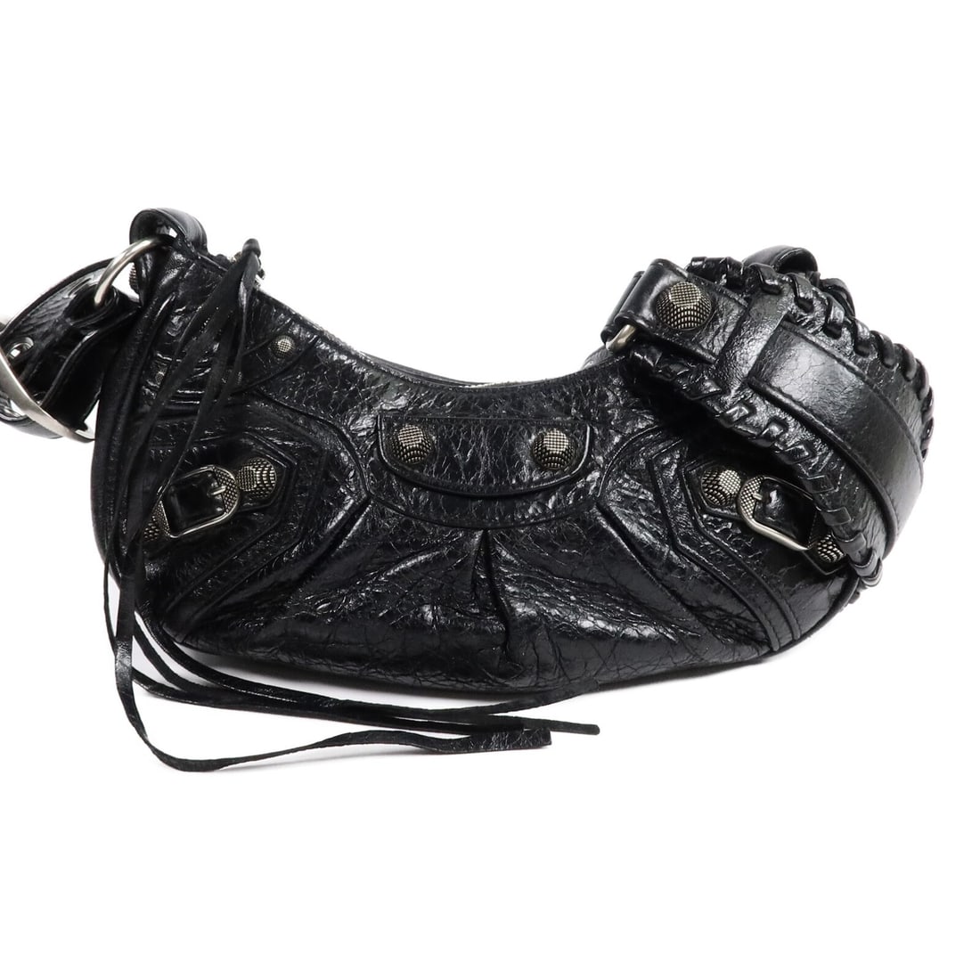 Balenciaga Le Cagole XS Black Lambskin Shoulder Bag 671309: Balenciaga Le Cagole XS Black Lambskin Shoulder Bag 671309 Balenciaga Le Cagole XS shoulder bag in black lambskin leather with silver-tone hardware. This women's shoulder bag includes a pouch with mir