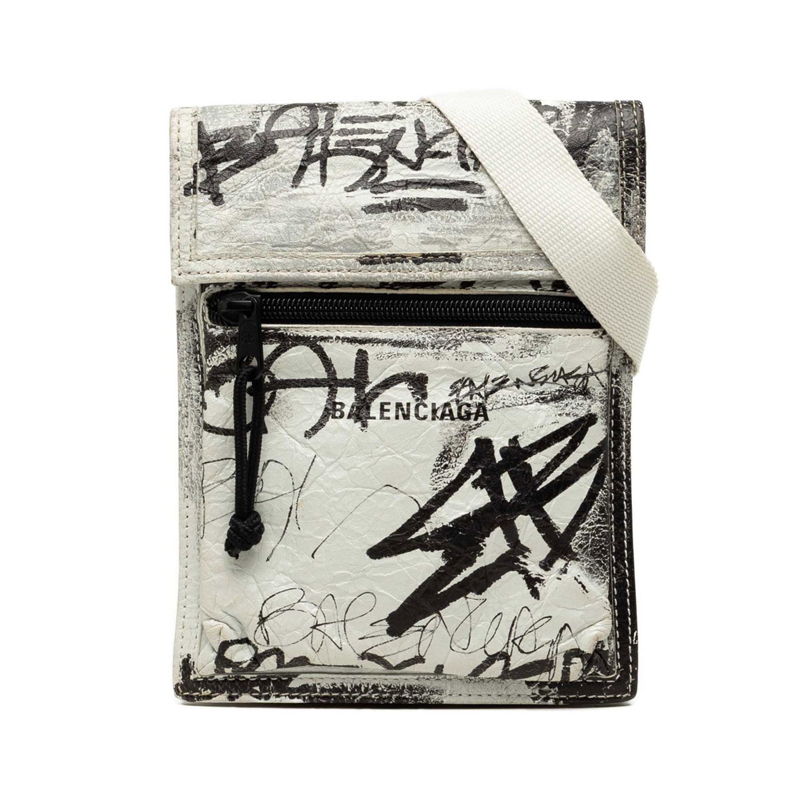 Balenciaga Explorer Graffiti Small Lambskin Crossbody Bag: Balenciaga Explorer Graffiti Small Lambskin Crossbody Bag Balenciaga Small Lambskin Graffiti Explorer Crossbody in white printed lambskin leather. This crossbody bag features a detachable flat shoulde