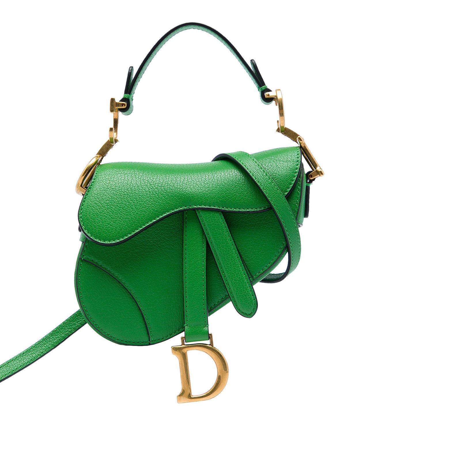 Green Leather Shoulder Bag Dior Micro Saddle: Green Leather Shoulder Bag Dior Micro Saddle Compact and iconic, this Dior Micro Saddle Bag is crafted in green goatskin leather and features the signature curved silhouette with a front flap and