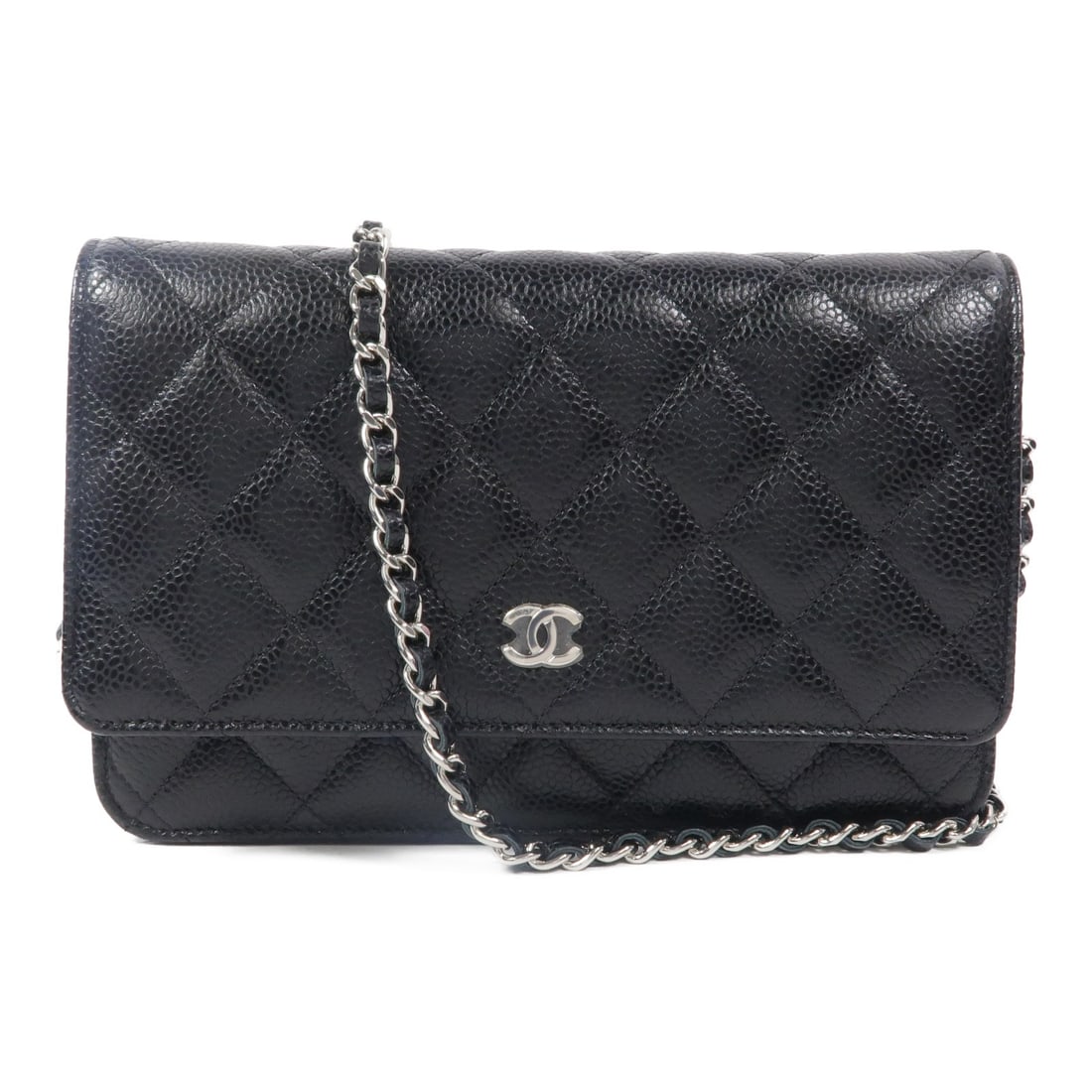 CHANEL A33814 WOC Shoulder Bag Black Calfskin CC SHW: CHANEL A33814 WOC Shoulder Bag Black Calfskin CC SHW Chanel Wallet on Chain shoulder bag in black calfskin leather with CC detailing and silver-tone hardware. This women's shoulder bag features a comp