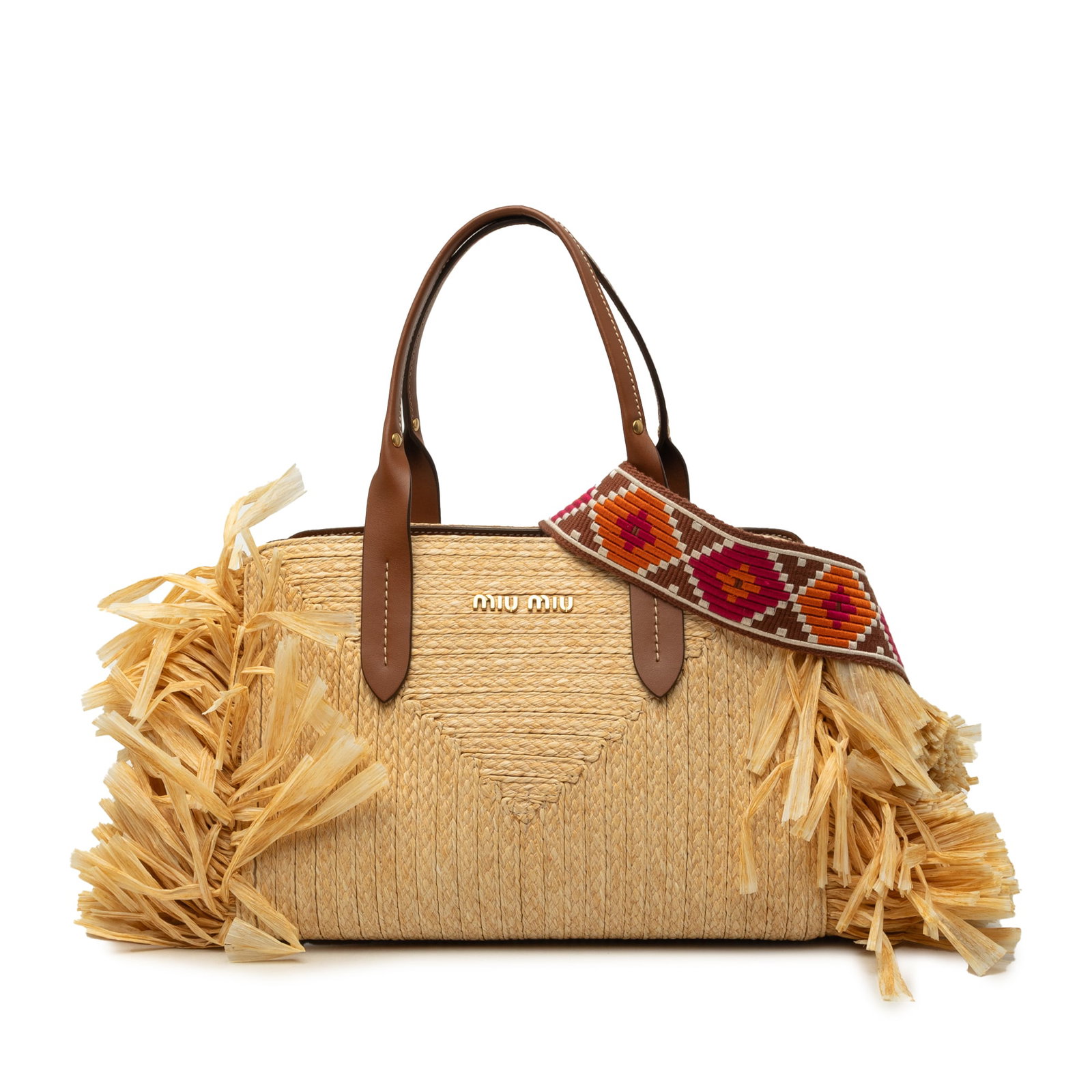 Miu Miu beige raffia satchel with straw fringe and strap: Miu Miu beige raffia satchel with straw fringe and strap Miu Miu raffia satchel with straw fringe detailing, flat leather handles, a detachable flat strap, an open top, and interior zip and slip pocke