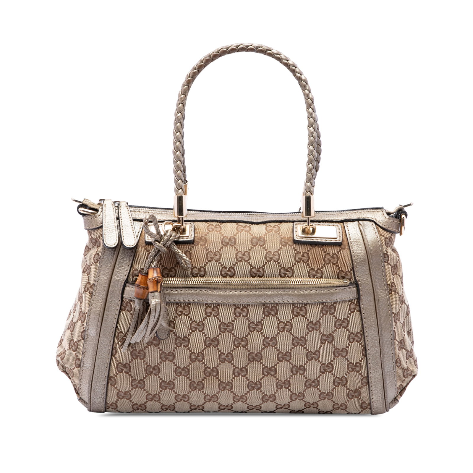 Gucci Bella Satchel Beige GG Canvas Handbag: Gucci Bella Satchel Beige GG Canvas Handbag A Gucci Bella satchel crafted in beige GG canvas with leather trim and a braided leather handle. The bag features a top zip closure, an exterior zip pocket,