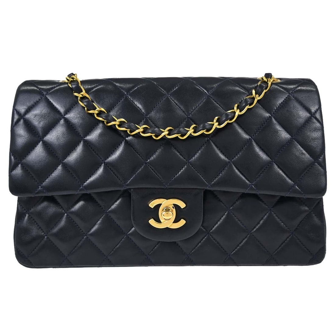 CHANEL Medium Classic Double Flap Shoulder Bag Navy Lambskin (1 of 15)