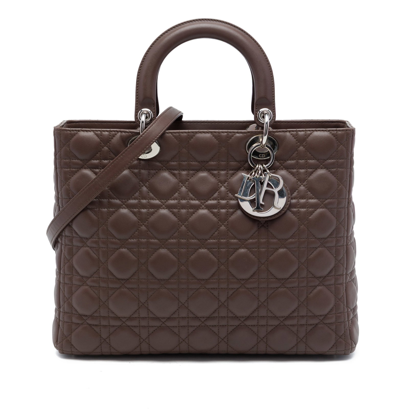 Dior Lady Dior Large Cannage Lambskin Shoulder Bag Brown: Dior Lady Dior Large Cannage Lambskin Shoulder Bag Brown Large Lady Dior handbag in brown quilted lambskin leather with the Cannage pattern. It features flat top handles, a detachable flat leather str