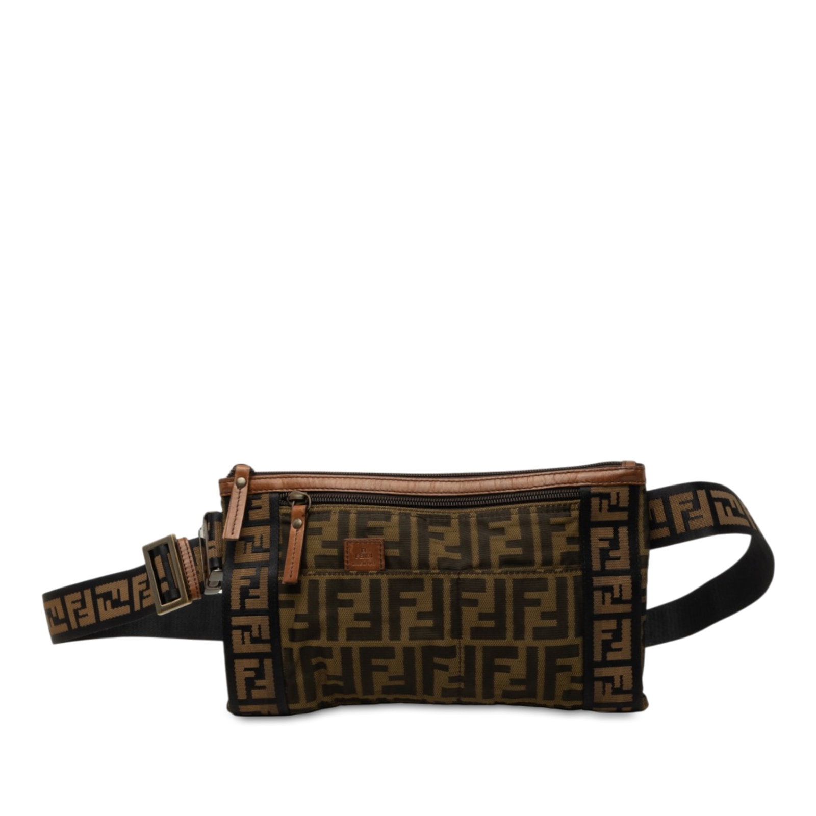 Fendi Zucca belt bag in brown canvas with leather trim: Fendi Zucca belt bag in brown canvas with leather trim Fendi Zucca canvas belt bag with leather trim and an adjustable flat waist strap. The design includes a top zip closure, plus exterior front zip 