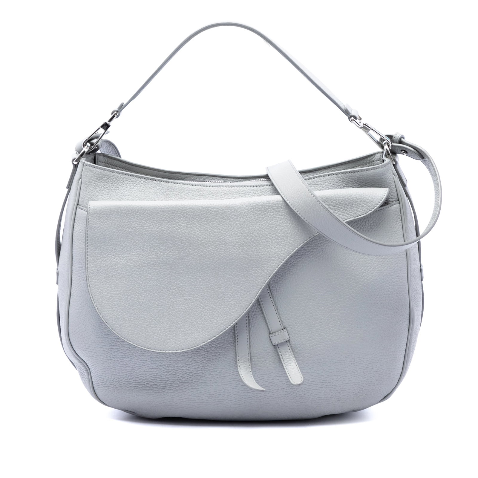 Dior Saddle Soft Bag in Gray Grained Calfskin Leather: Dior Saddle Soft Bag in Gray Grained Calfskin Leather A Dior Saddle Soft Bag crafted in grained calfskin leather with a structured satchel silhouette. It features a detachable flat leather top handle,