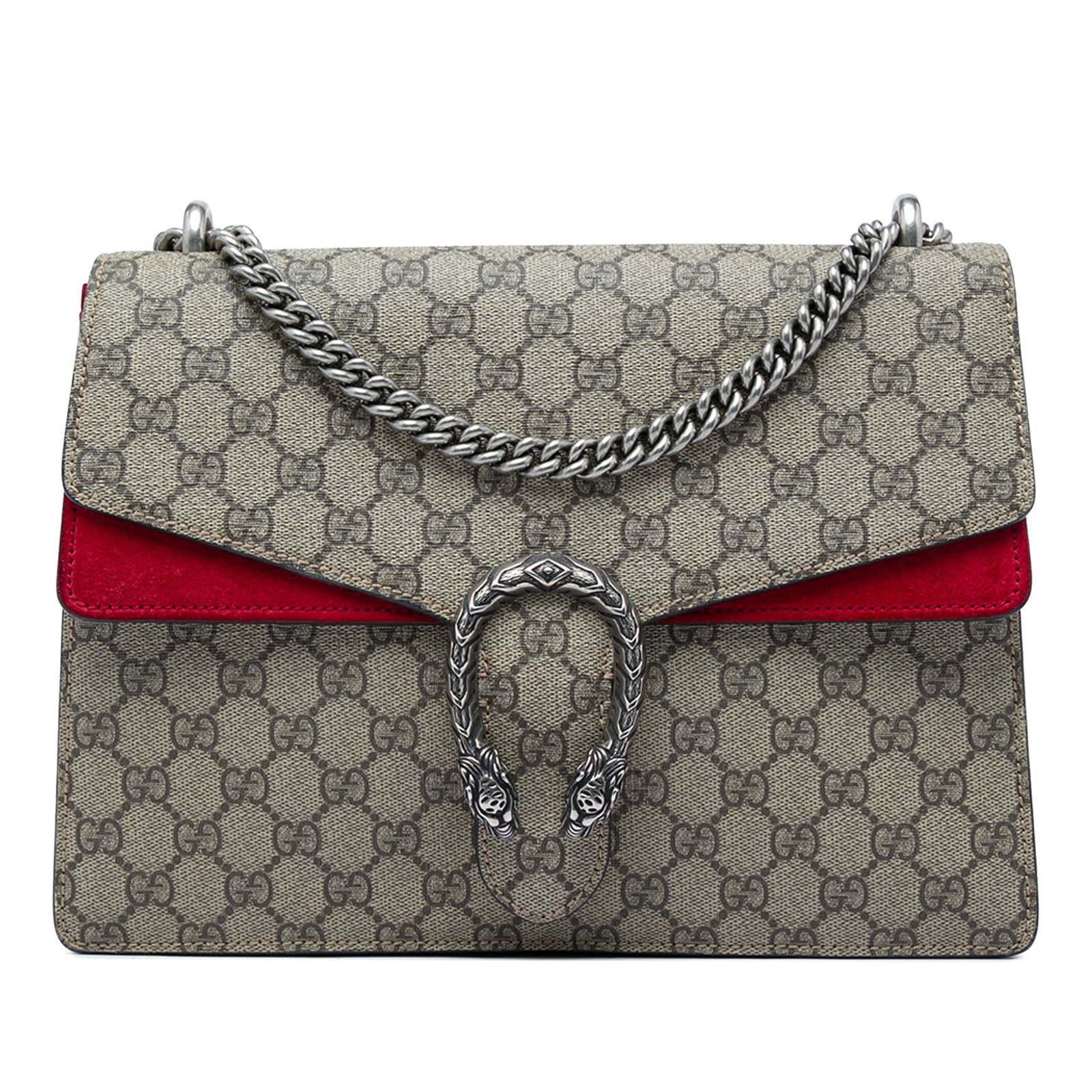 Gucci Dionysus Medium Shoulder Bag in GG Supreme Canvas: Gucci Dionysus Medium Shoulder Bag in GG Supreme Canvas The Gucci Medium GG Supreme Dionysus Shoulder Bag is crafted with a coated canvas body and suede trim, finished with a silver-tone chain strap. 