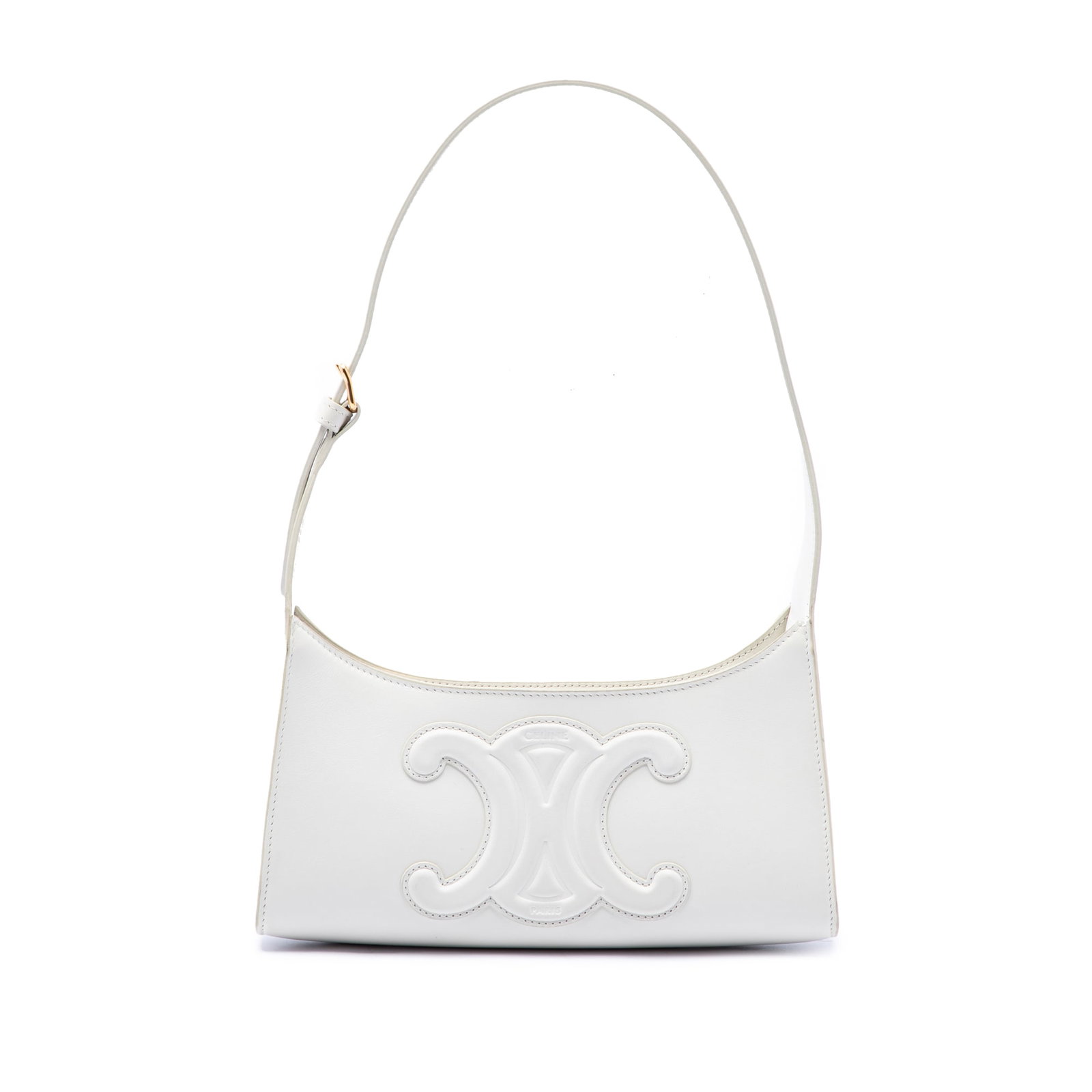Celine Cuir Triomphe white leather shoulder bag: Celine Cuir Triomphe white leather shoulder bag A Celine Smooth Calfskin Cuir Triomphe shoulder bag crafted in white leather with an adjustable flat leather strap and top zip closure. Made in Italy, t