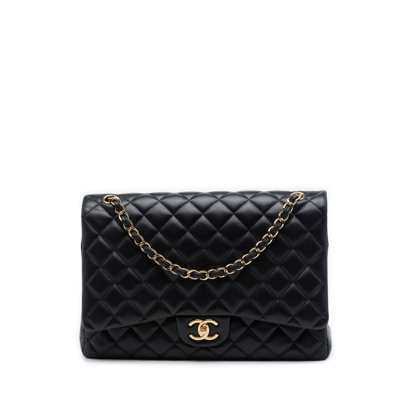 Chanel Maxi Classic Double Flap Shoulder Bag Black Lambskin: Chanel Maxi Classic Double Flap Shoulder Bag Black Lambskin A Chanel Maxi Classic Double Flap shoulder bag crafted in black quilted lambskin leather. It features leather-woven chain straps, double fro