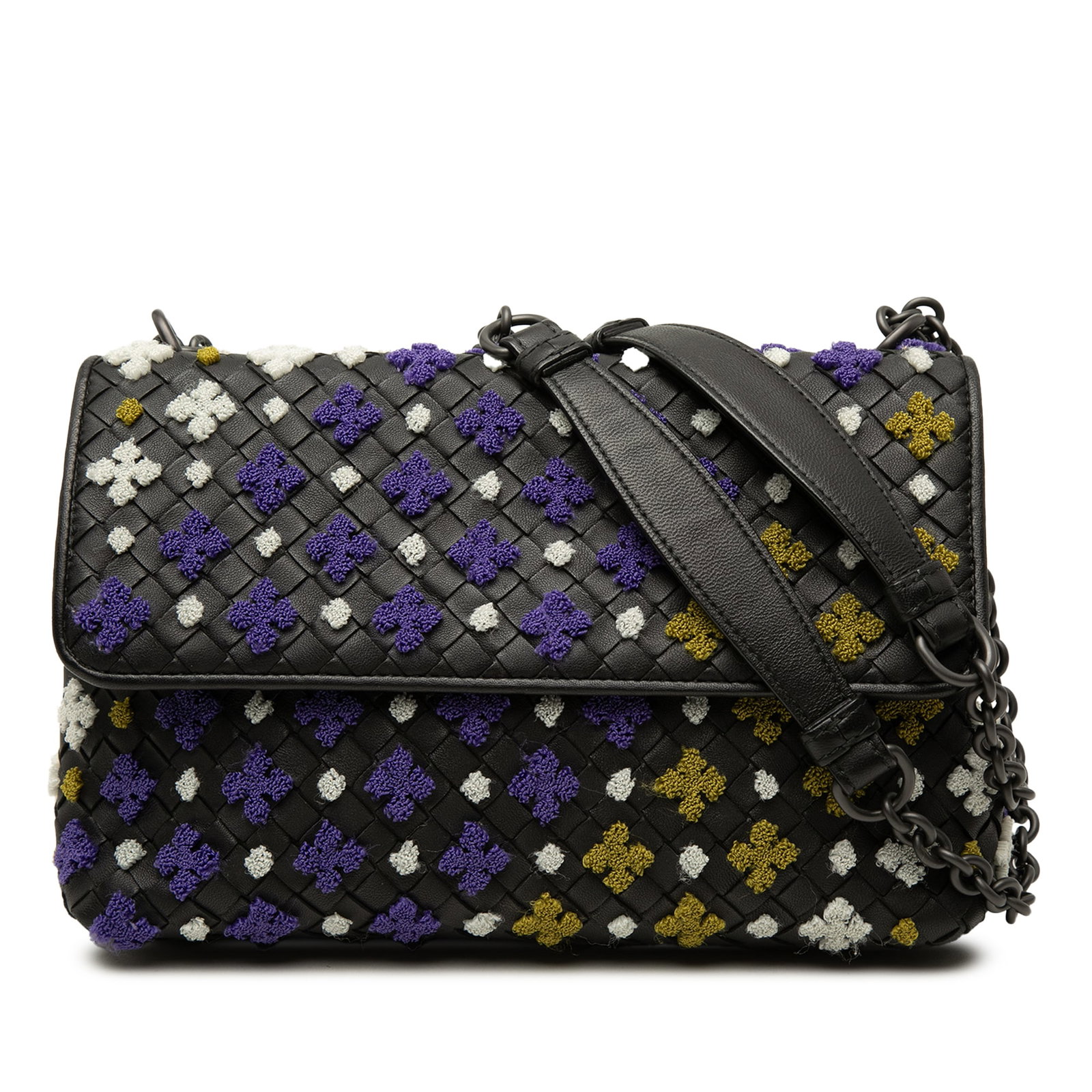 Bottega Veneta Olimpia Small Intrecciato Nappa Shoulder Bag: Bottega Veneta Olimpia Small Intrecciato Nappa Shoulder Bag A Bottega Veneta Olimpia shoulder bag crafted in woven nappa leather with multicolor embroidery. This small bag features chain link straps w