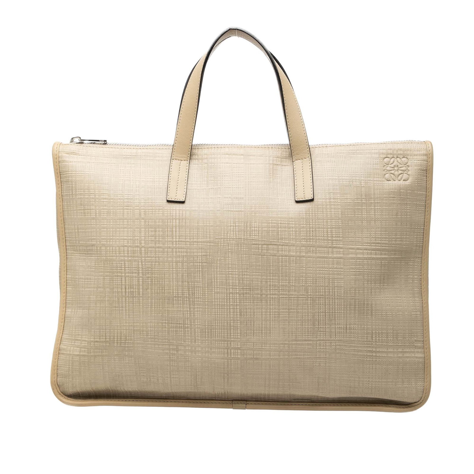 LOEWE Goya Anagram Leather Briefcase Beige: LOEWE Goya Anagram Leather Briefcase Beige A structured LOEWE Goya briefcase crafted in embossed leather with the Anagram design. This business bag features flat leather handles, a top zip closure, an