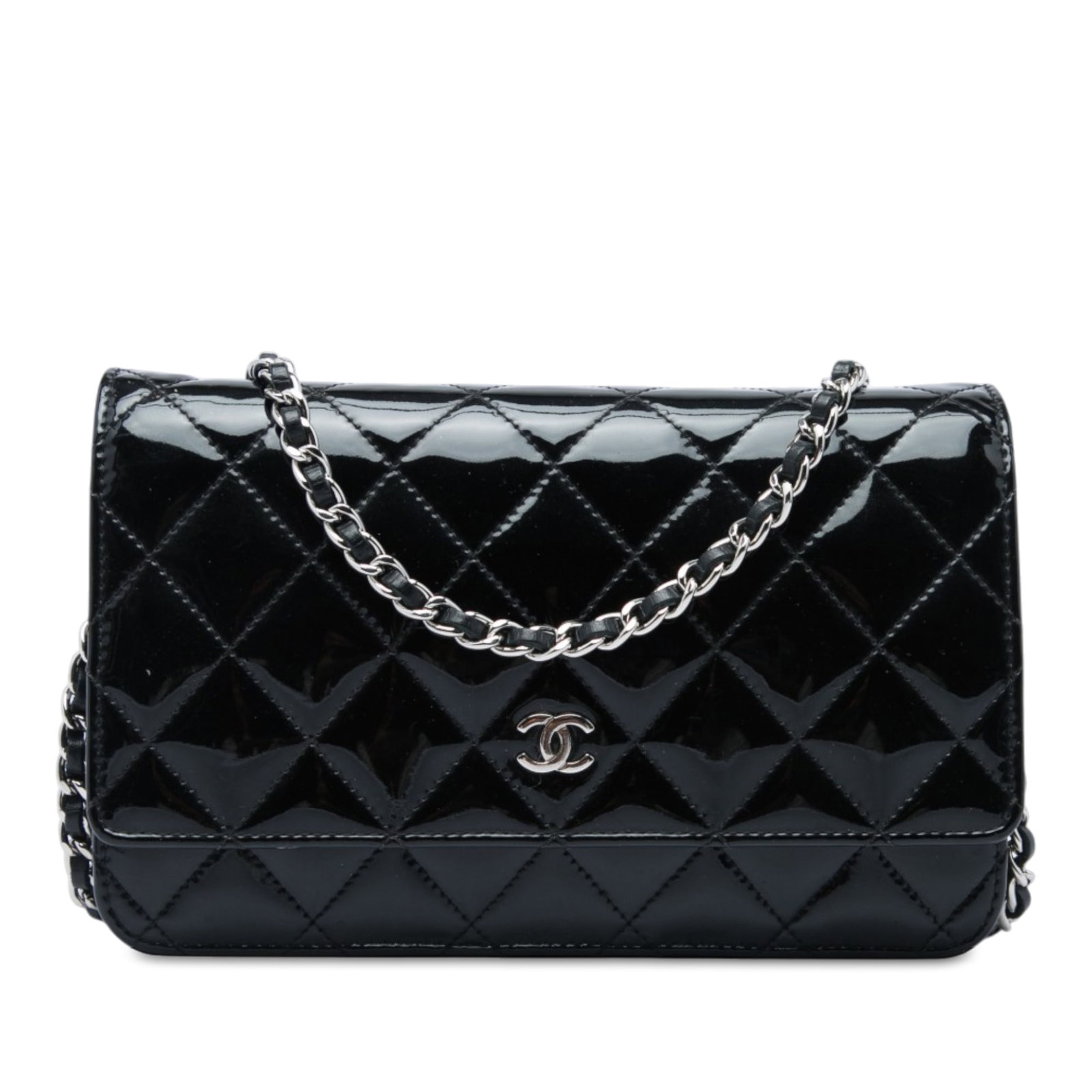 Chanel CC Wallet On Chain in Black Quilted Patent Leather: Chanel CC Wallet On Chain in Black Quilted Patent Leather A Chanel CC Quilted Patent Wallet On Chain in black patent leather. This compact crossbody design features a quilted body, leather-woven chain