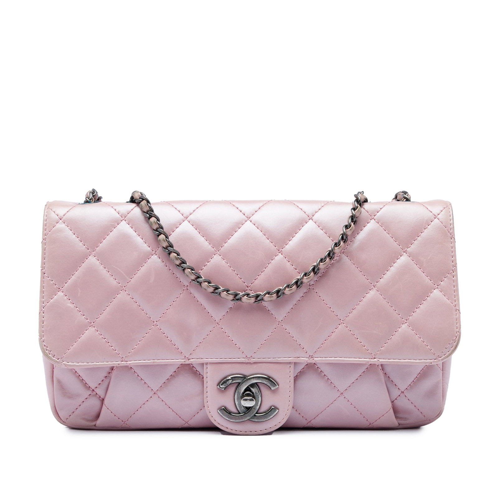 Chanel Coco Pleats Medium Metallic Calfskin Chain Flap Bag: Chanel Coco Pleats Medium Metallic Calfskin Chain Flap Bag A Chanel Medium Quilted Metallic Calfskin Coco Pleats Chain Flap crossbody bag in pink. It features a quilted calf leather body, a leather-wo