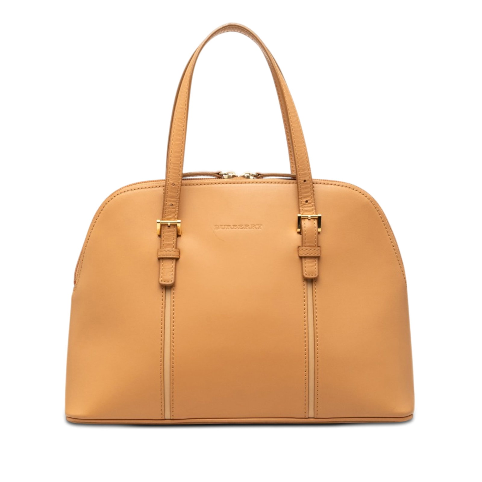 Burberry Brown Leather Zip Top Handbag: Burberry Brown Leather Zip Top Handbag Burberry leather handbag in brown with flat leather handles, dual top zip closures, and interior zip and slip pockets. This pre-owned piece shows visible wear an
