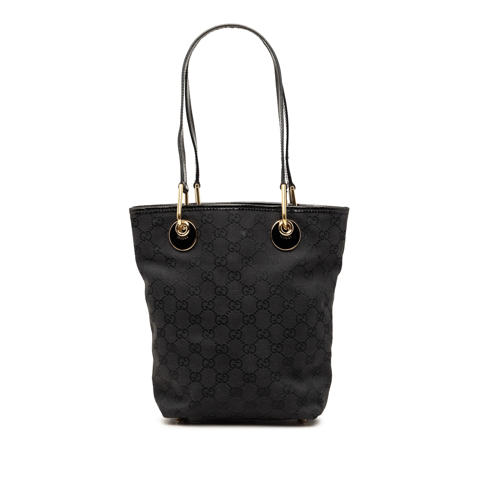 Gucci Eclipse Tote Black GG Canvas Shoulder Bag: Gucci Eclipse Tote Black GG Canvas Shoulder Bag Gucci Eclipse tote bag in black canvas with leather trim and flat leather shoulder straps. The open-top design includes interior zip and slip pockets fo