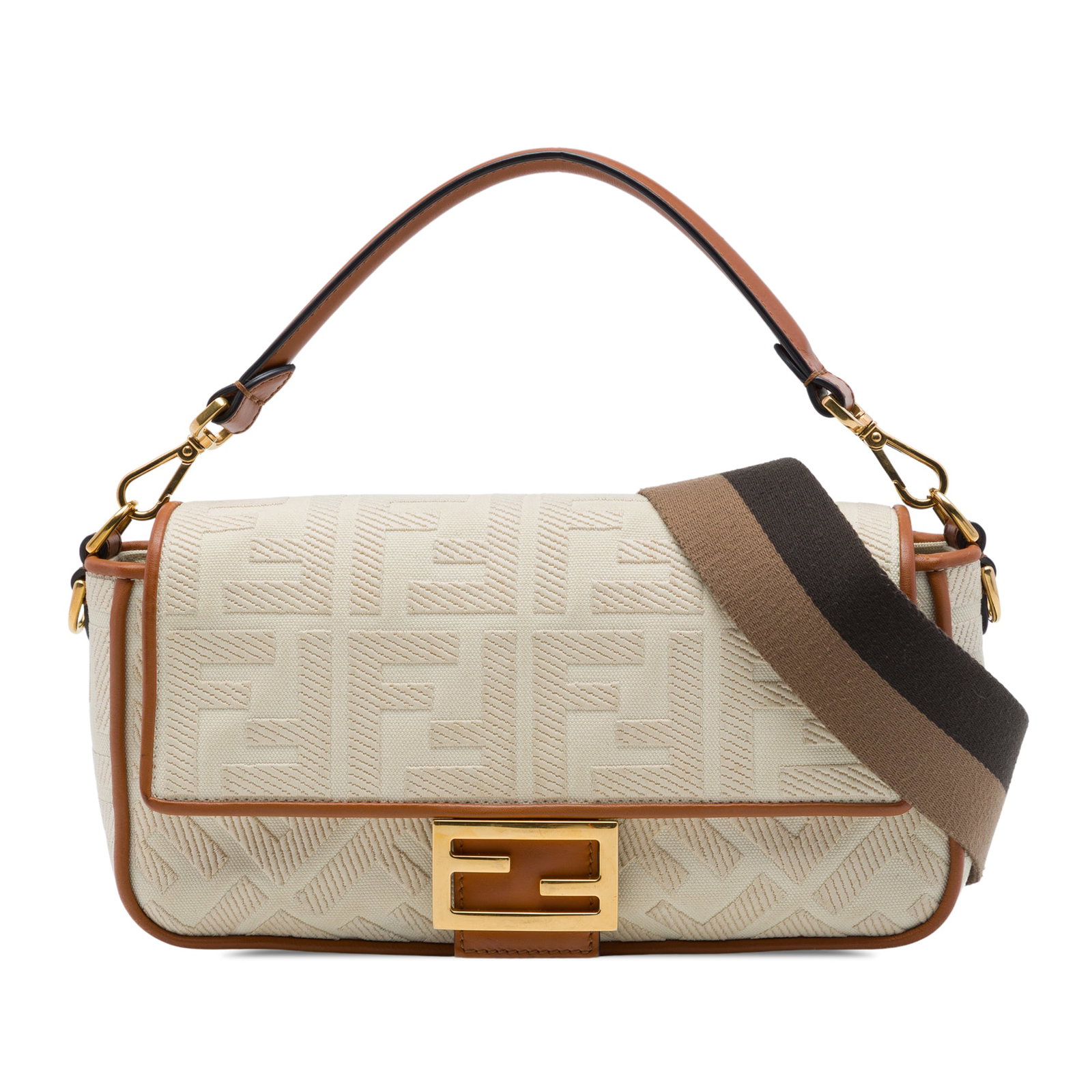 Fendi Zucca Baguette Satchel in Embroidered Canvas with Leather Trim: Fendi Zucca Baguette Satchel in Embroidered Canvas with Leather Trim Fendi Zucca Baguette satchel in embroidered canvas with leather trim. This bag features a detachable leather top handle, a detachab