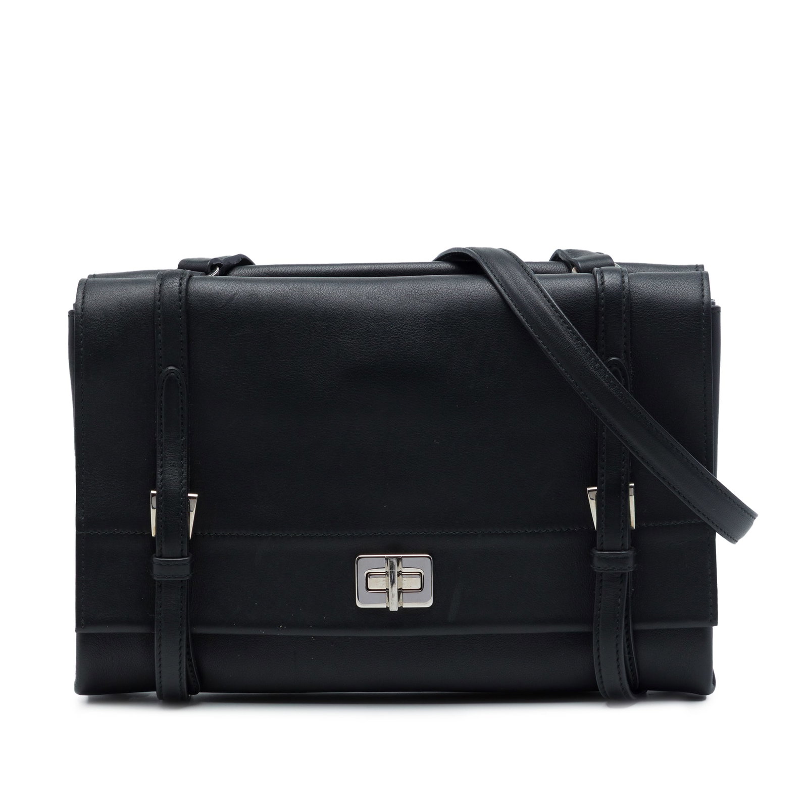 Prada Lux Calf leather crossbody messenger bag black: Prada Lux Calf leather crossbody messenger bag black Prada Lux Calf Double Sided Flap Messenger Bag in black leather with a structured crossbody design. It features an adjustable and detachable flat l