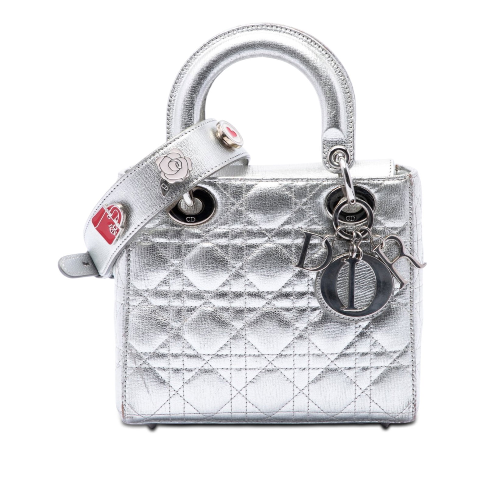 Dior My ABCDior Lady Dior Small Silver Grained Calfskin Bag: Dior My ABCDior Lady Dior Small Silver Grained Calfskin Bag A Lady Dior handbag in metallic grained calfskin with Cannage quilting. This small bag features flat leather handles, a detachable flat leat
