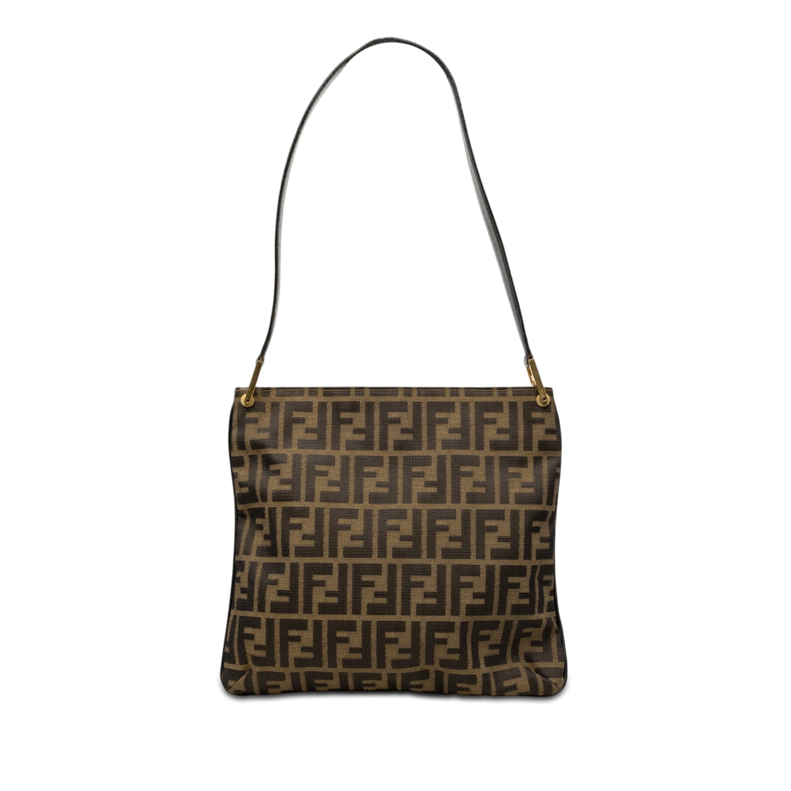 Fendi Zucca Shoulder Bag in Brown Canvas and Leather: Fendi Zucca Shoulder Bag in Brown Canvas and Leather Fendi Zucca canvas shoulder bag with leather trim and a flat leather strap. The bag features an open top with magnetic snap closure and an interior